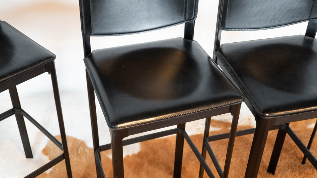1980s Matteo Grassi Black Saddle Leather Sistina Bar Stools - Set of 4