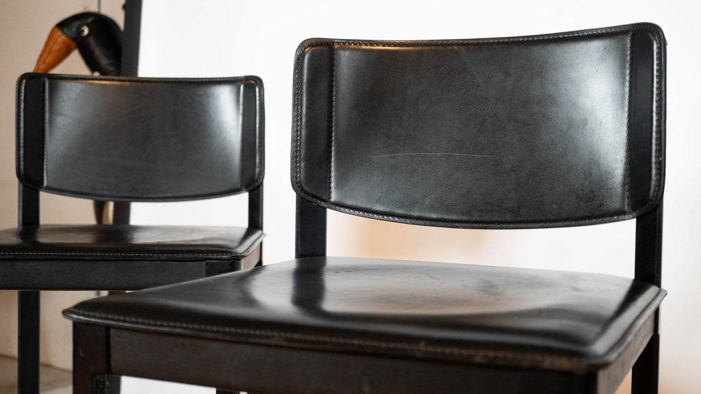 1980s Matteo Grassi Black Saddle Leather Sistina Bar Stools - Set of 4
