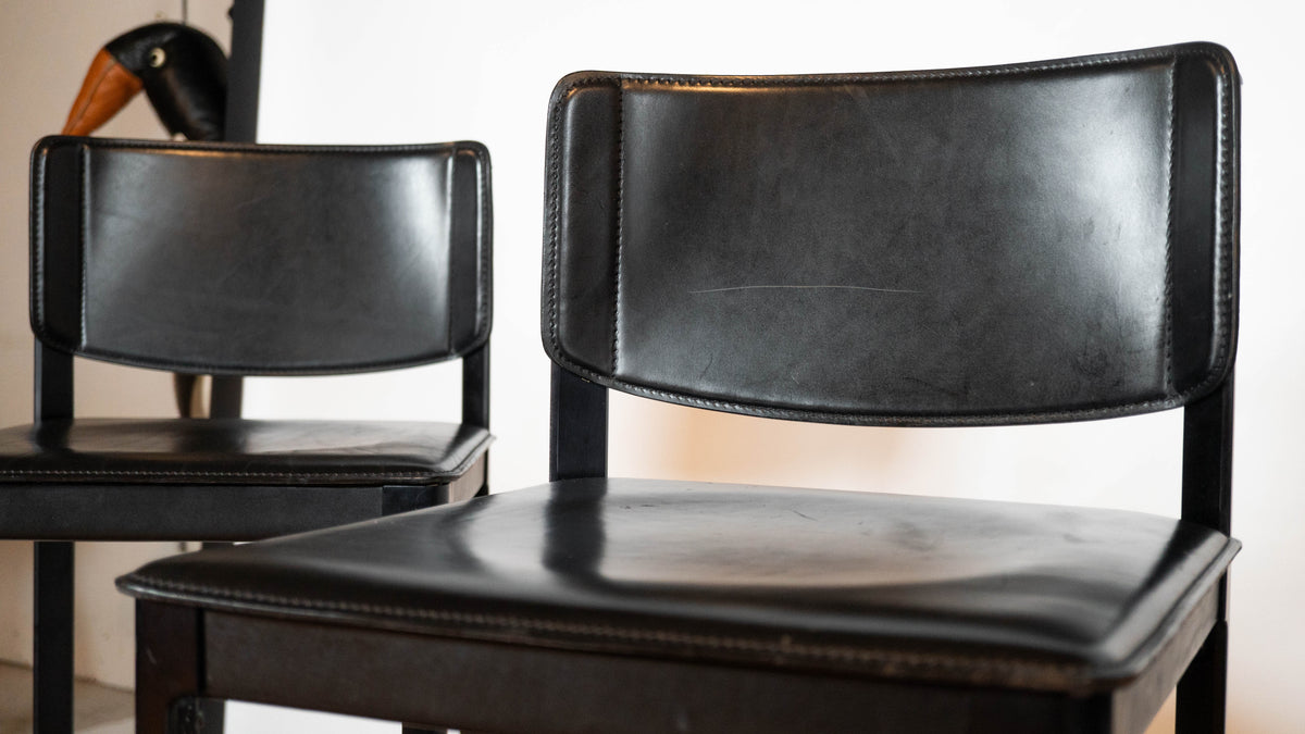 1980s Matteo Grassi Black Saddle Leather Sistina Bar Stools - Set of 4
