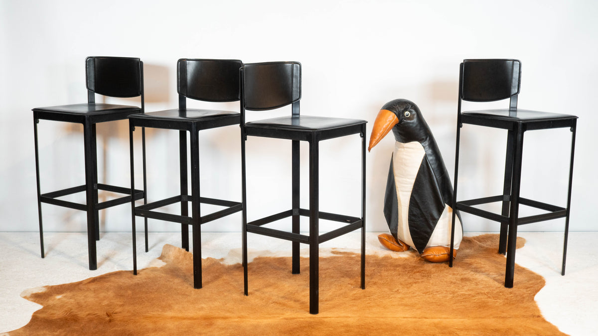 1980s Matteo Grassi Black Saddle Leather Sistina Bar Stools - Set of 4