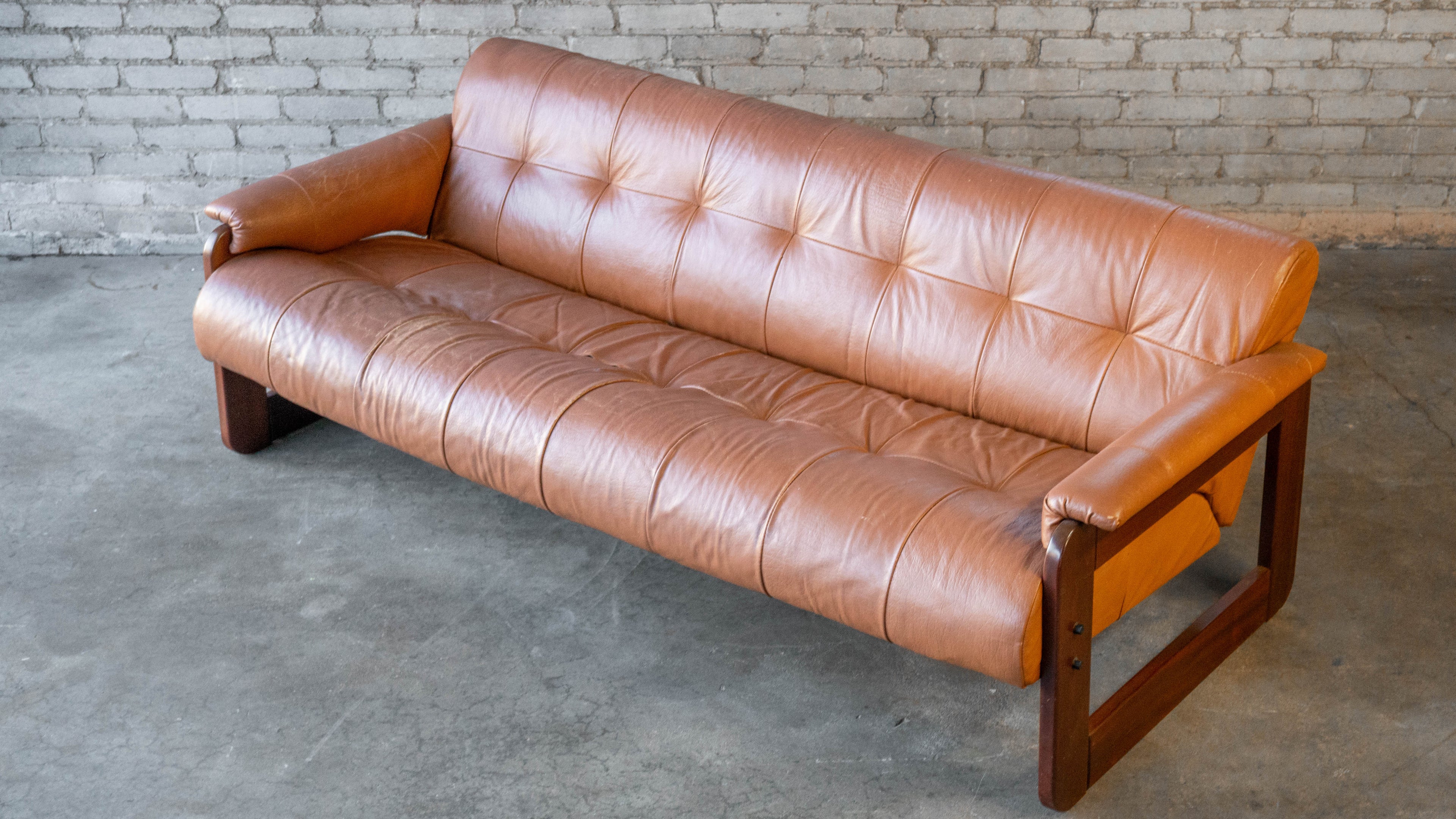 1970s Percival Lafer MP-185 Cognac Leather Sofa