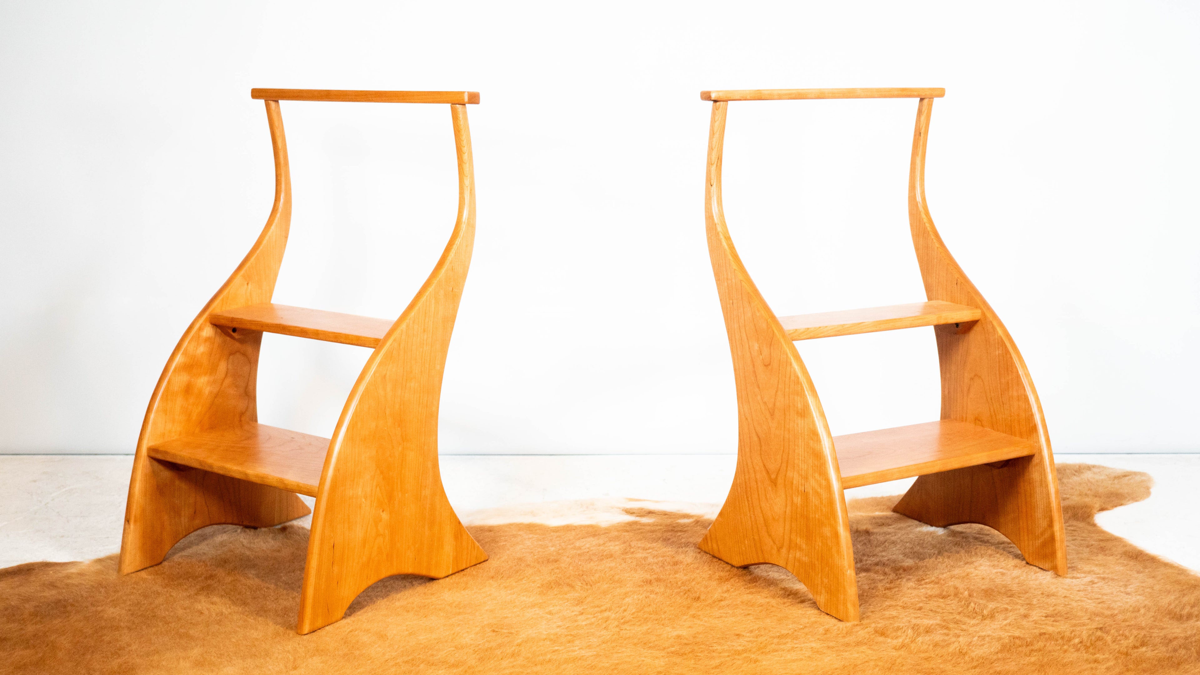 American Studio Cherry Wood Sculptural Library Steps Stool