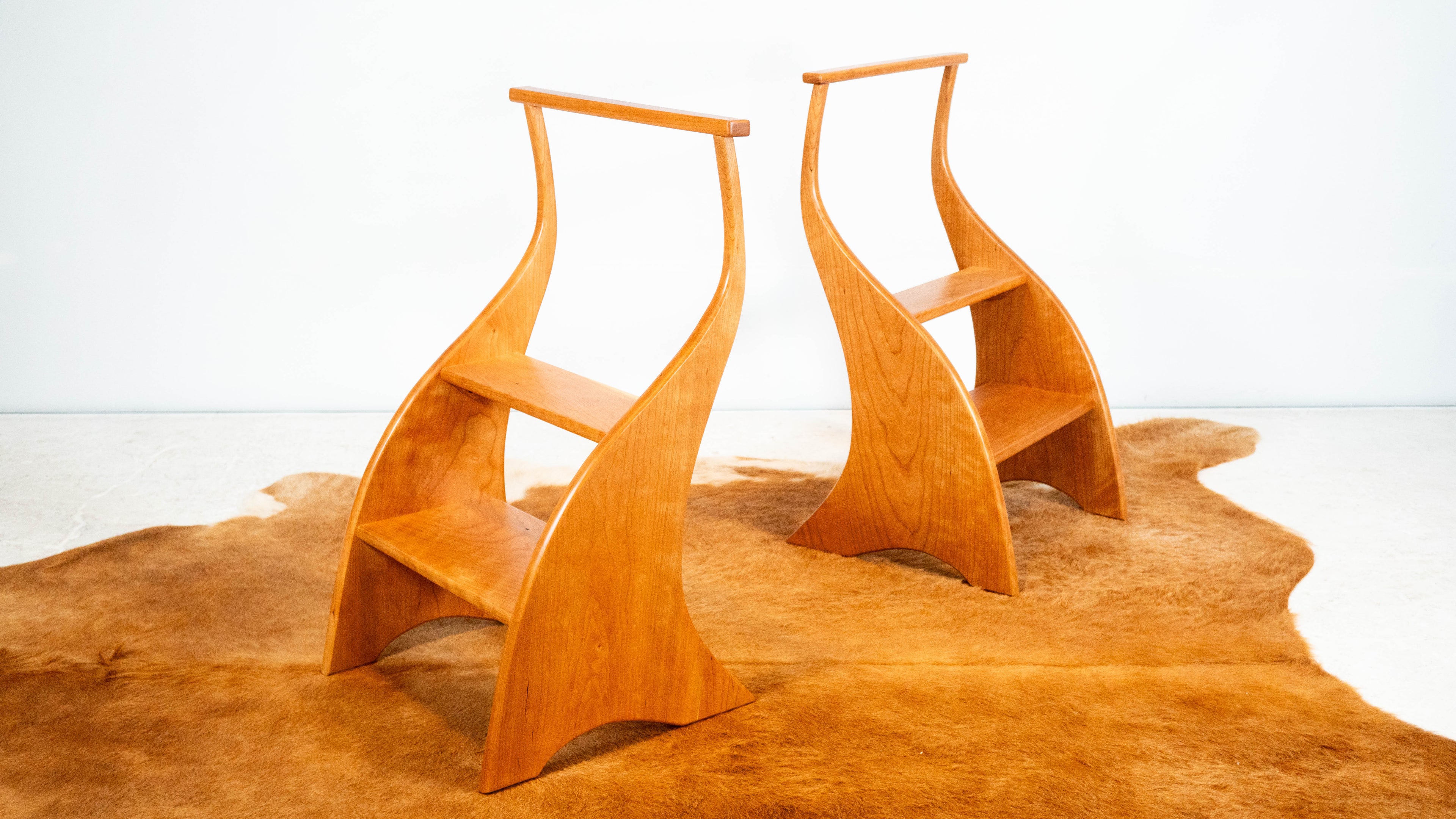 American Studio Cherry Wood Sculptural Library Steps Stool