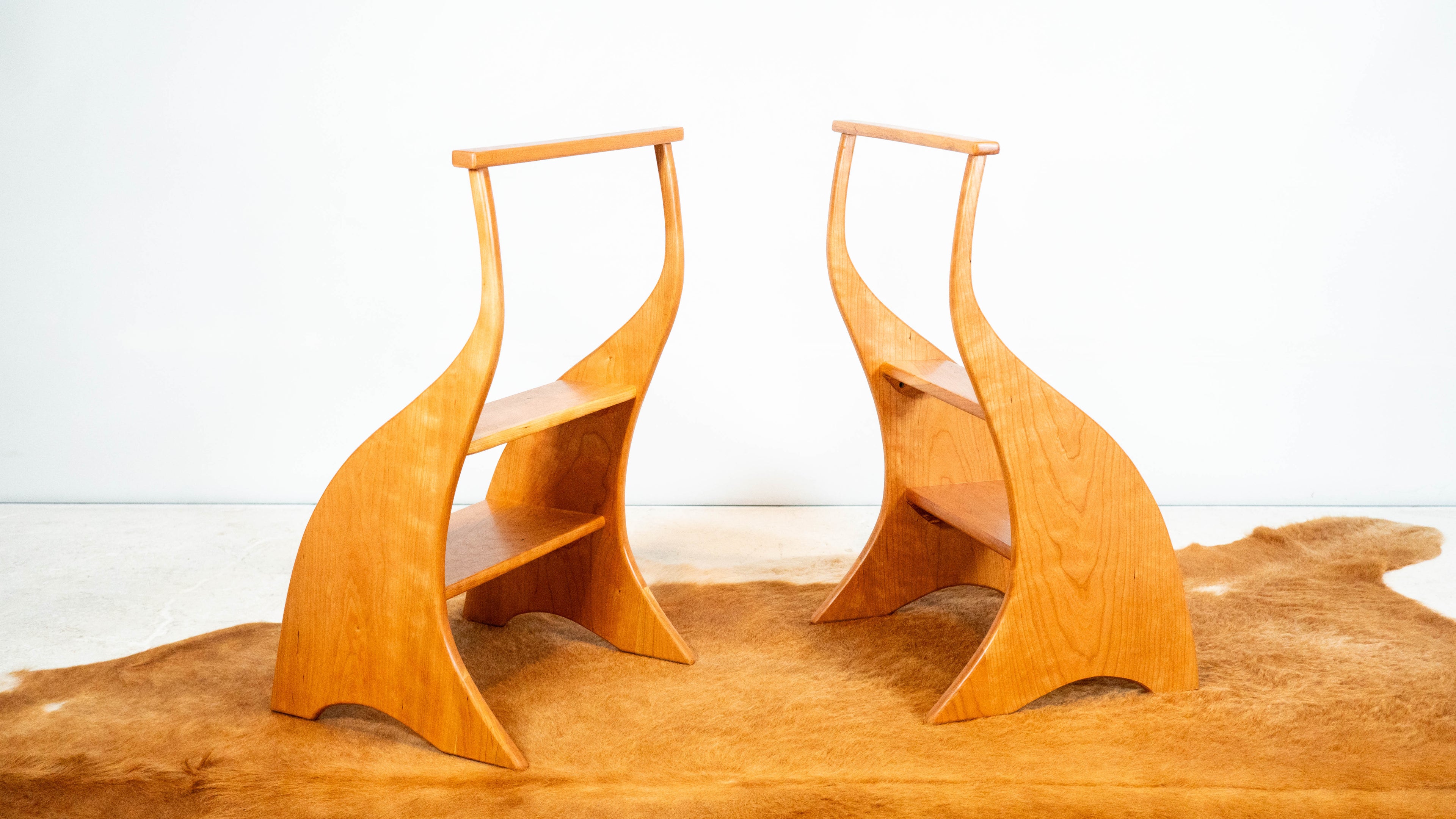 American Studio Cherry Wood Sculptural Library Steps Stool