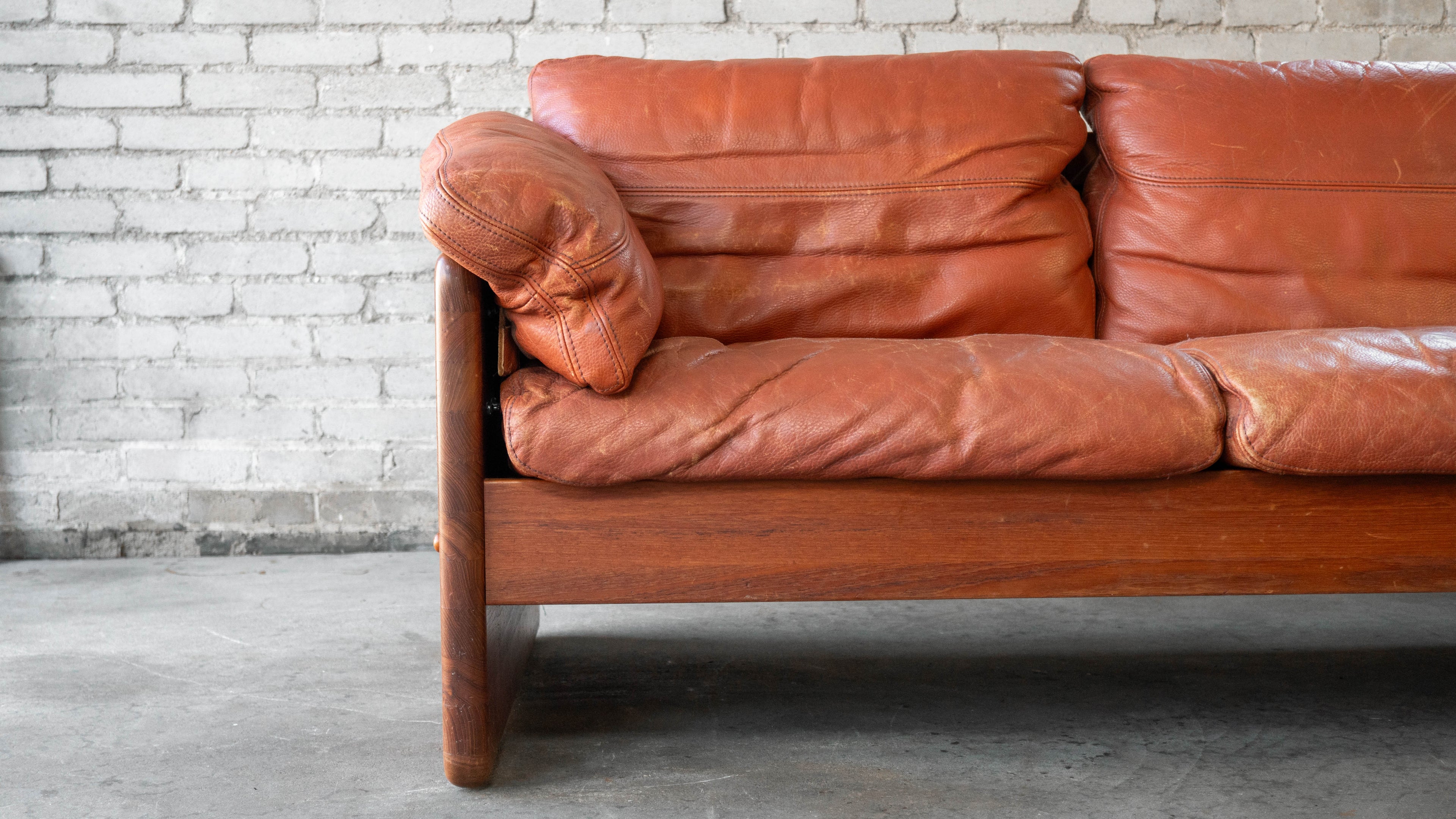 Vintage Danish Mikael Laursen Cognac Leather and Teak Sofa