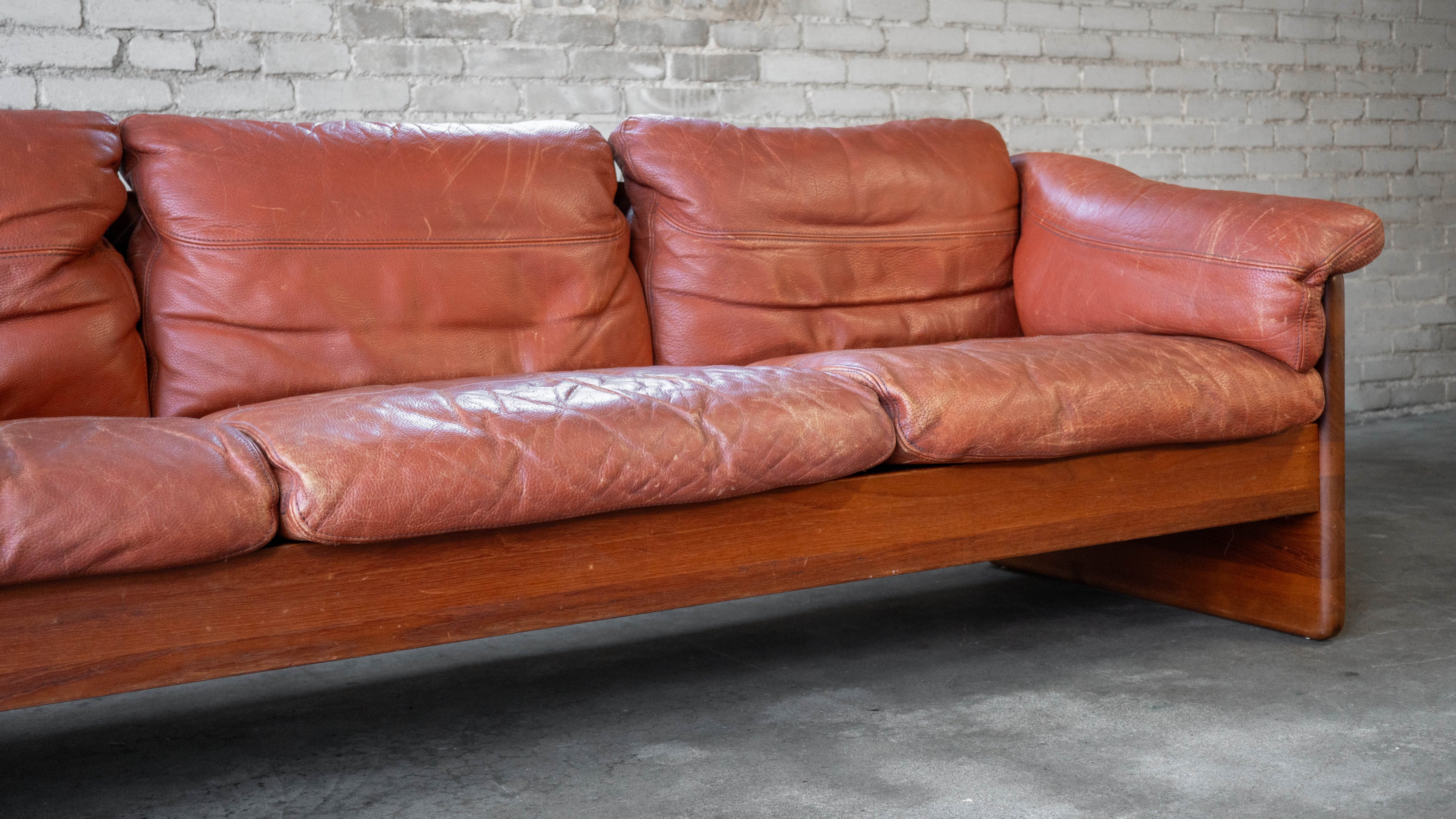 Vintage Danish Mikael Laursen Cognac Leather and Teak Sofa