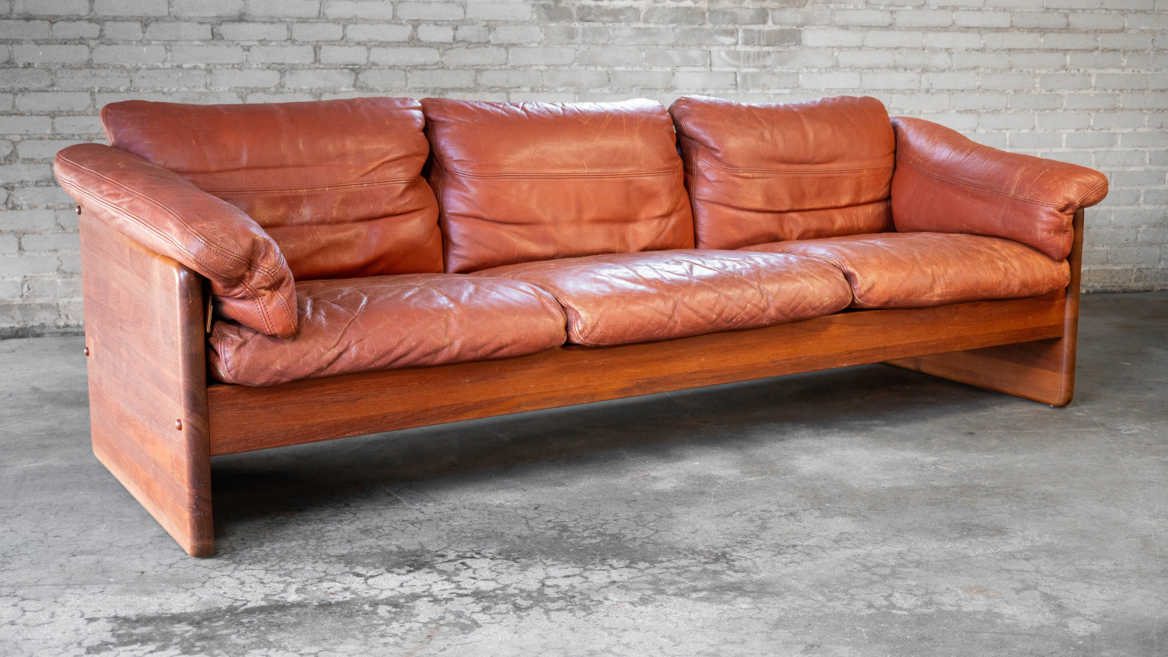 Vintage Danish Mikael Laursen Cognac Leather and Teak Sofa