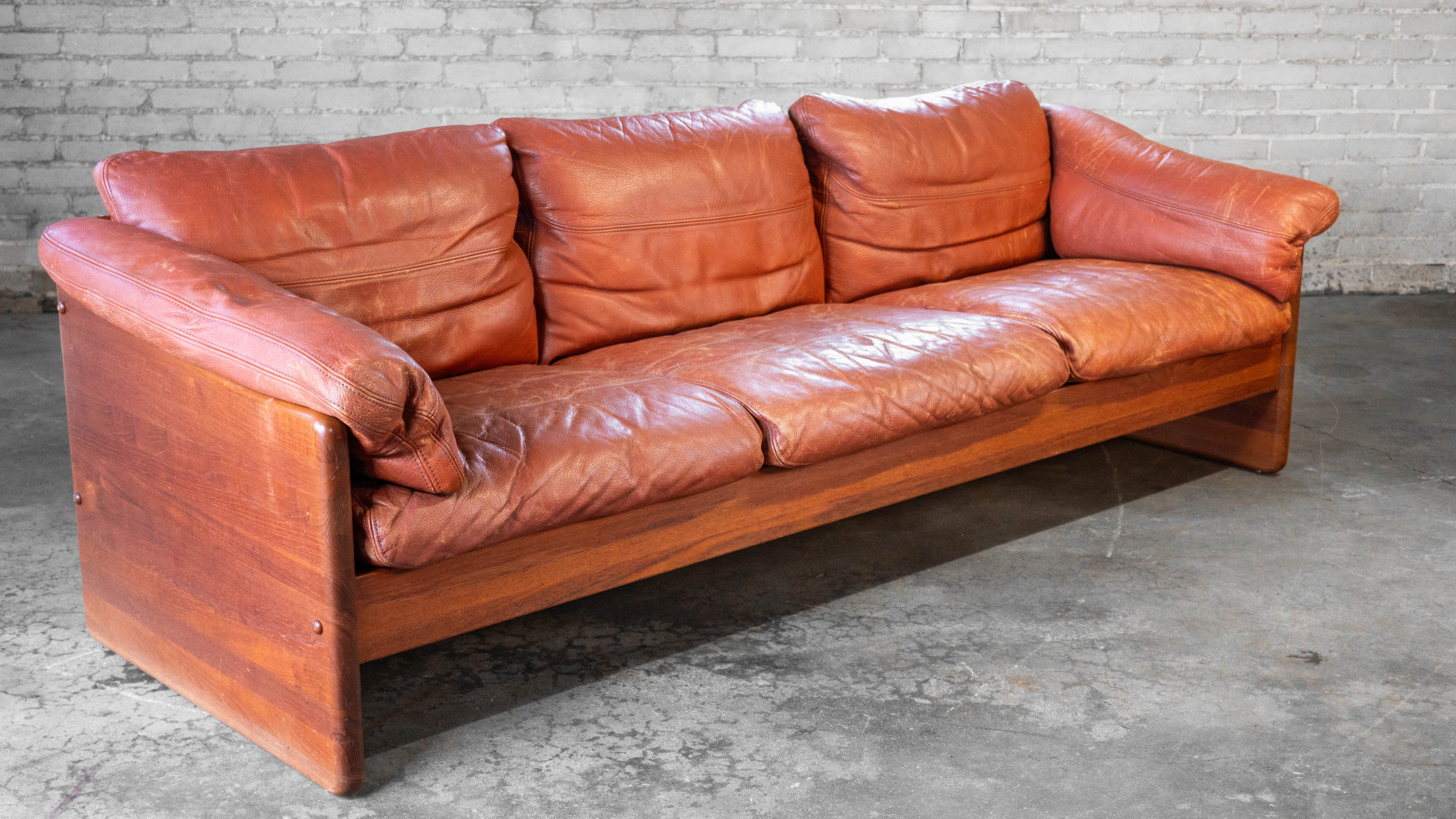 Vintage Danish Mikael Laursen Cognac Leather and Teak Sofa