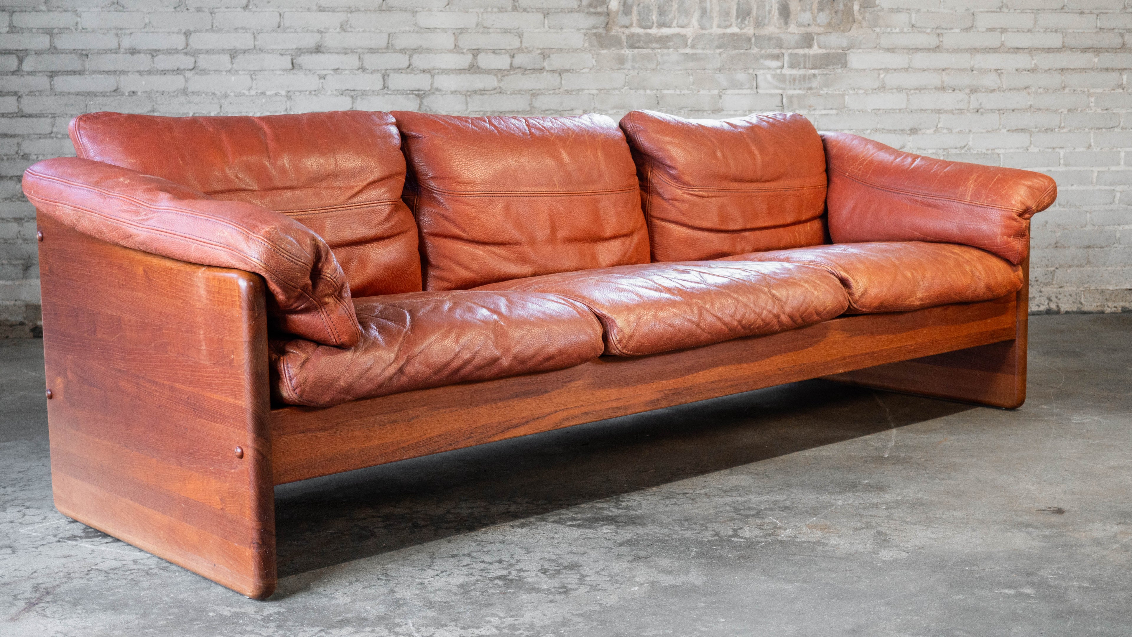 Vintage Danish Mikael Laursen Cognac Leather and Teak Sofa