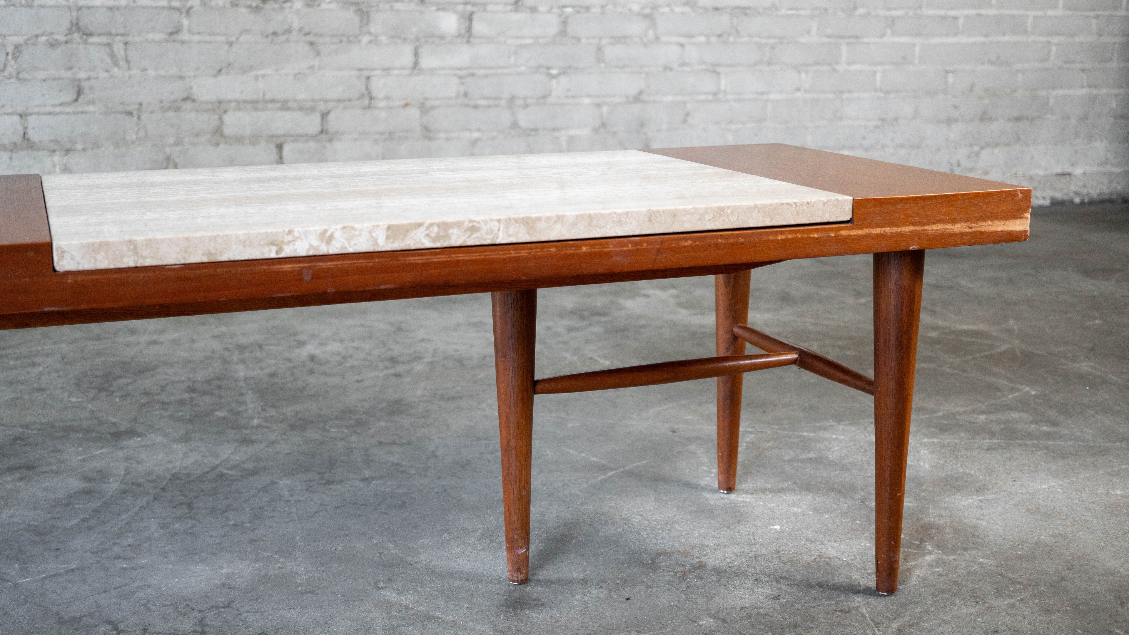 1960s American of Martinsville Walnut & Travertine Coffee Table