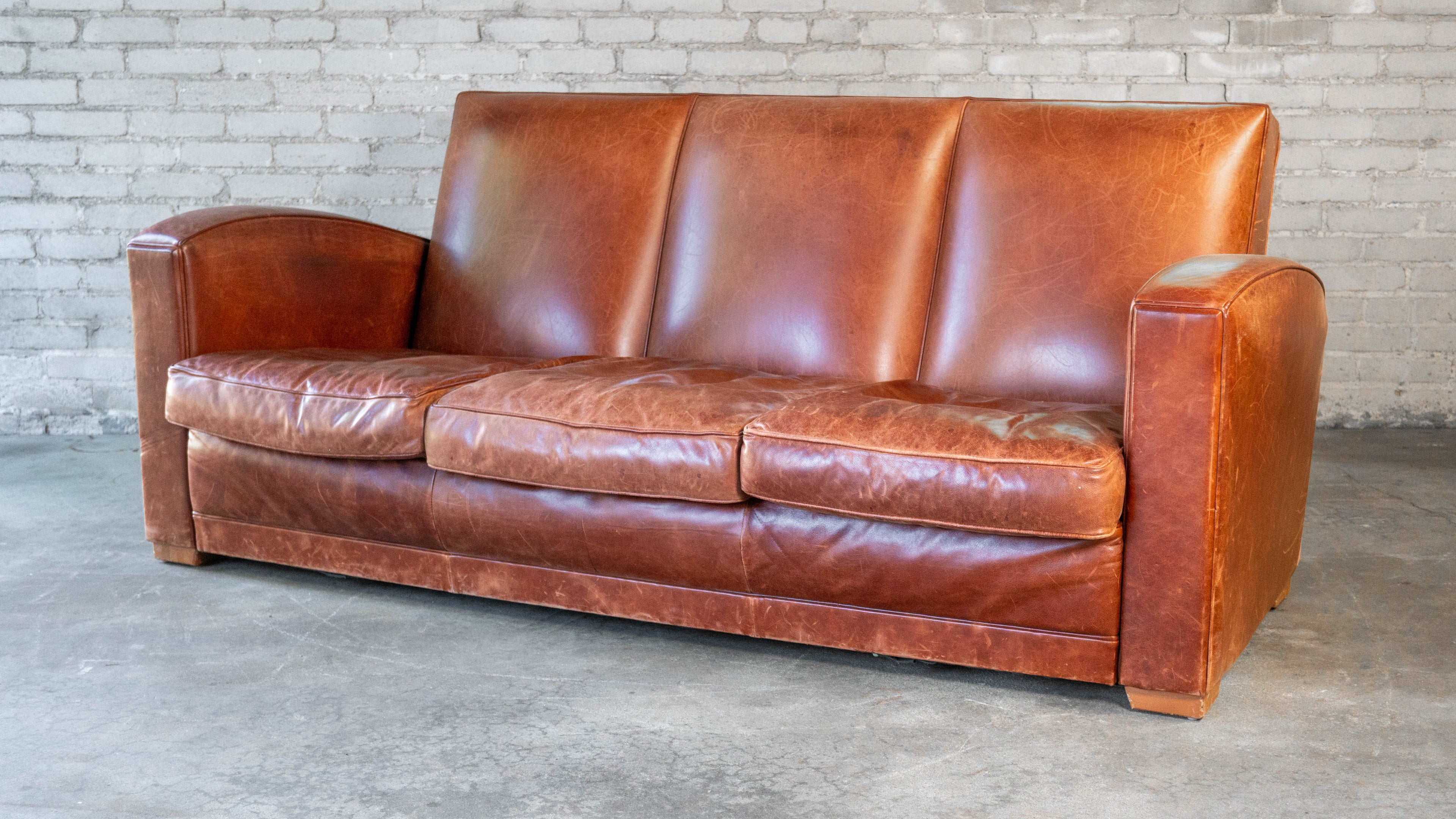 Vintage Art Deco Cognac Leather Sofa