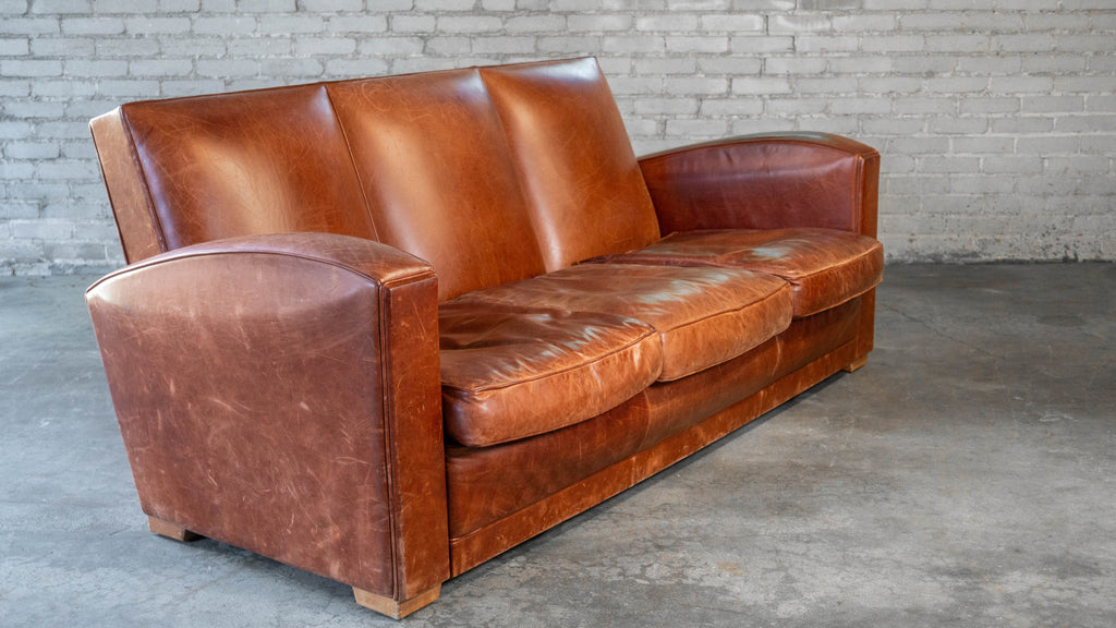 Vintage Art Deco Cognac Leather Sofa