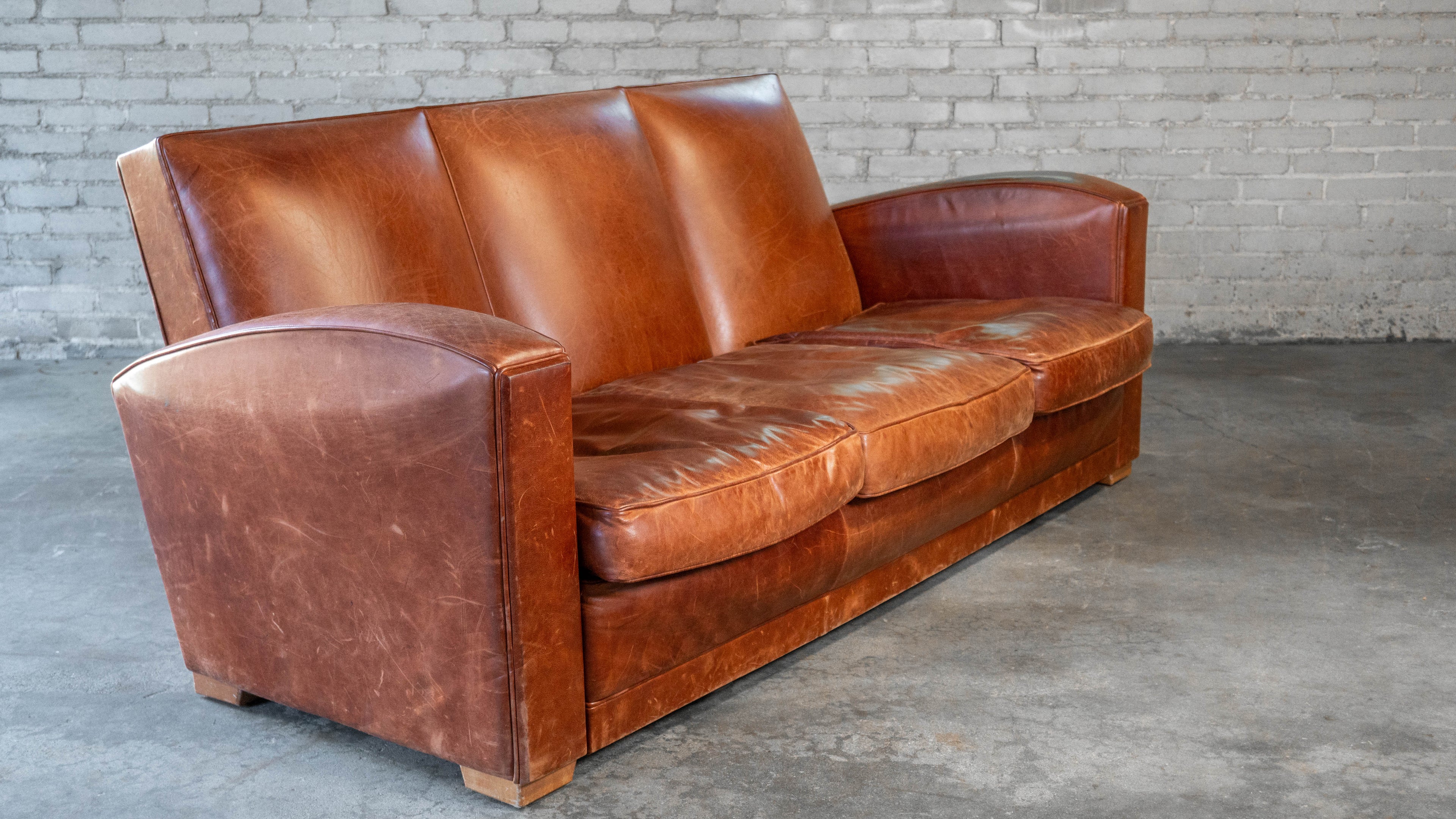 Vintage Art Deco Cognac Leather Sofa
