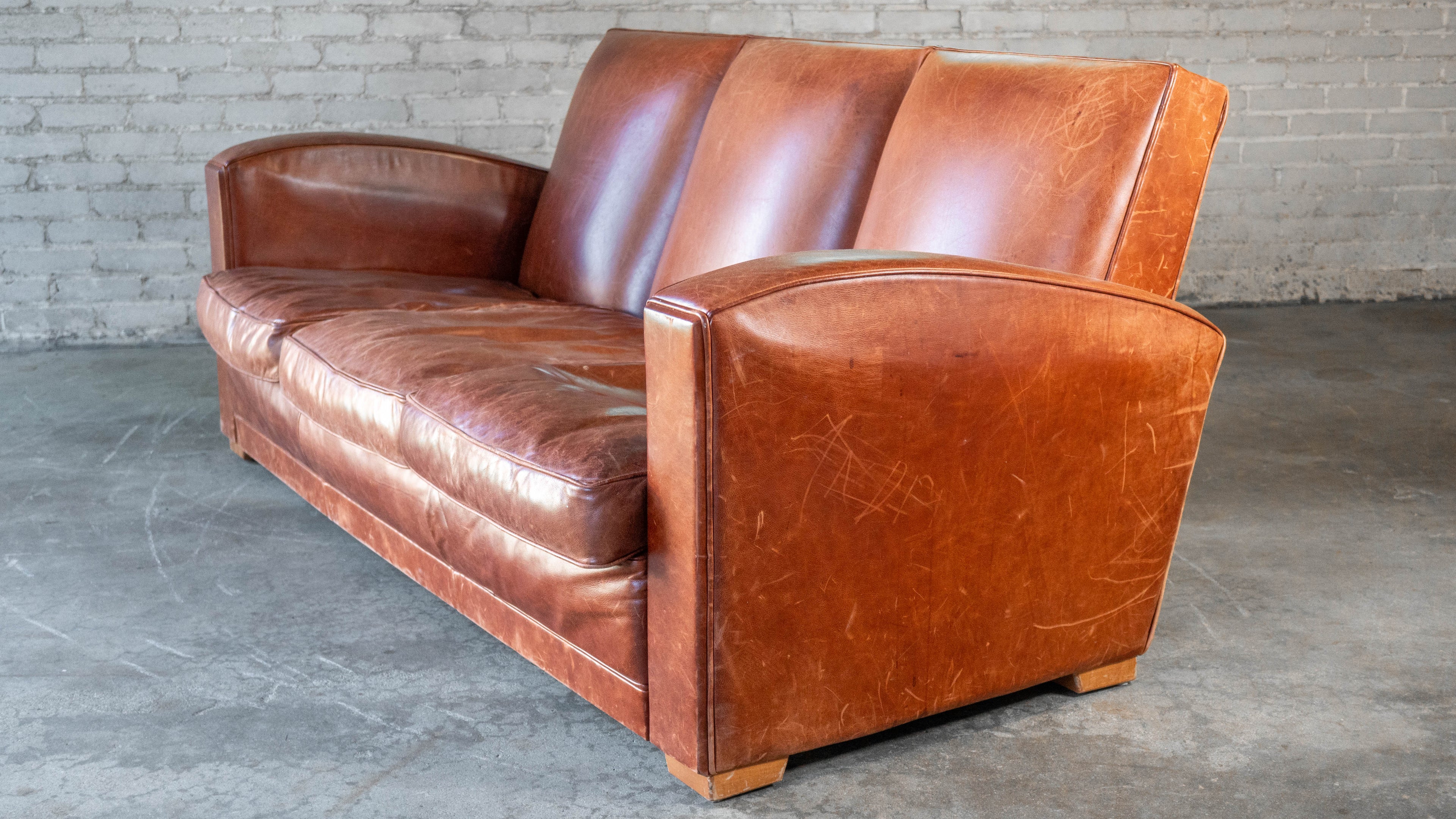 Vintage Art Deco Cognac Leather Sofa