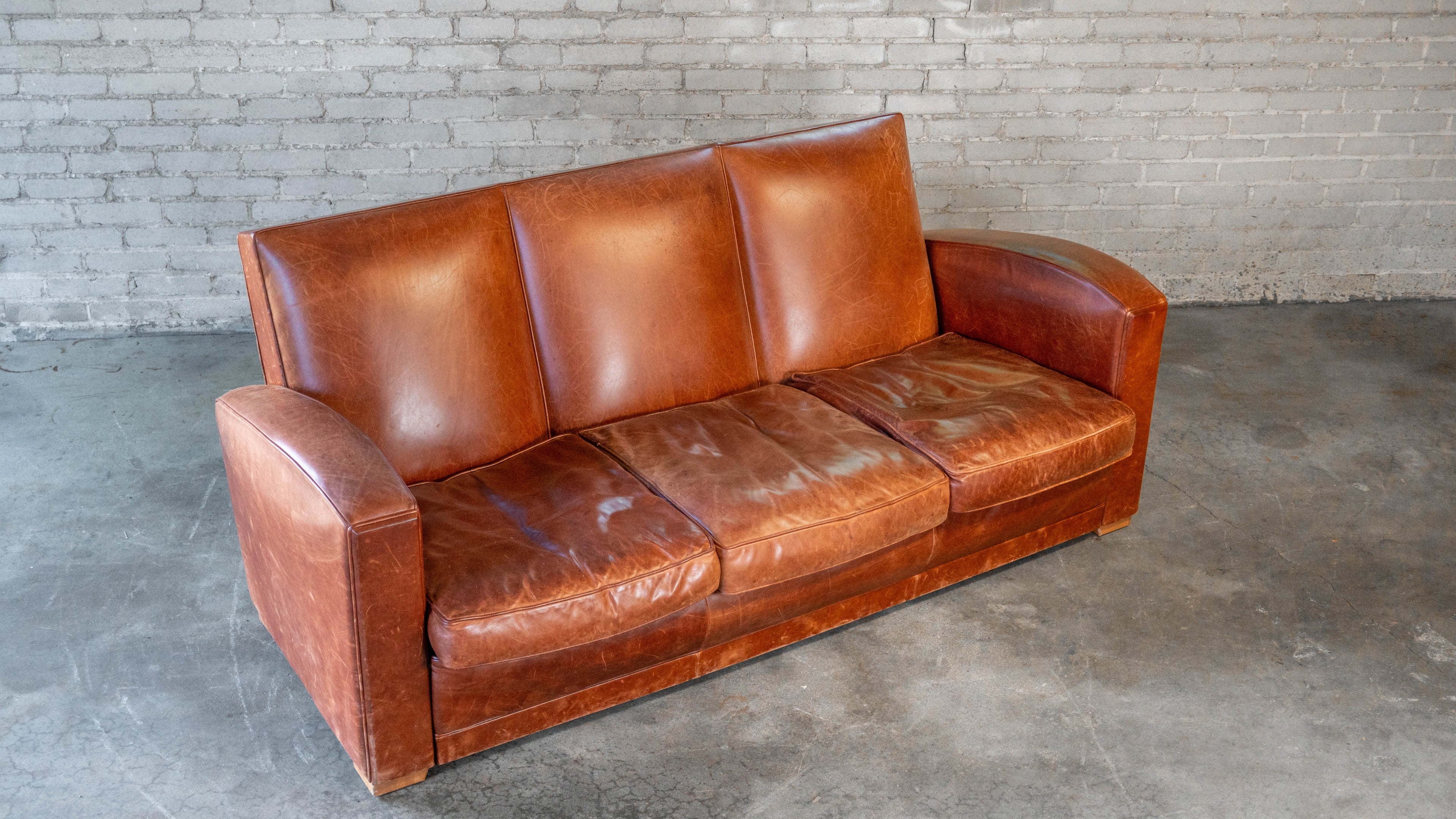 Vintage Art Deco Cognac Leather Sofa