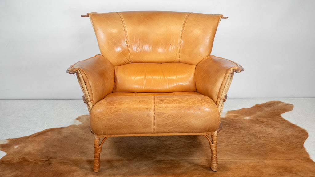 Rare Pacific Green 'Navajo' Cognac Leather & Rattan Lounge Chair