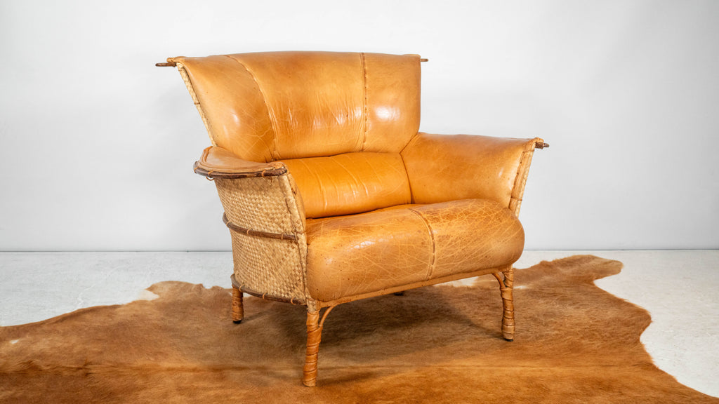 Rare Pacific Green 'Navajo' Cognac Leather & Rattan Lounge Chair