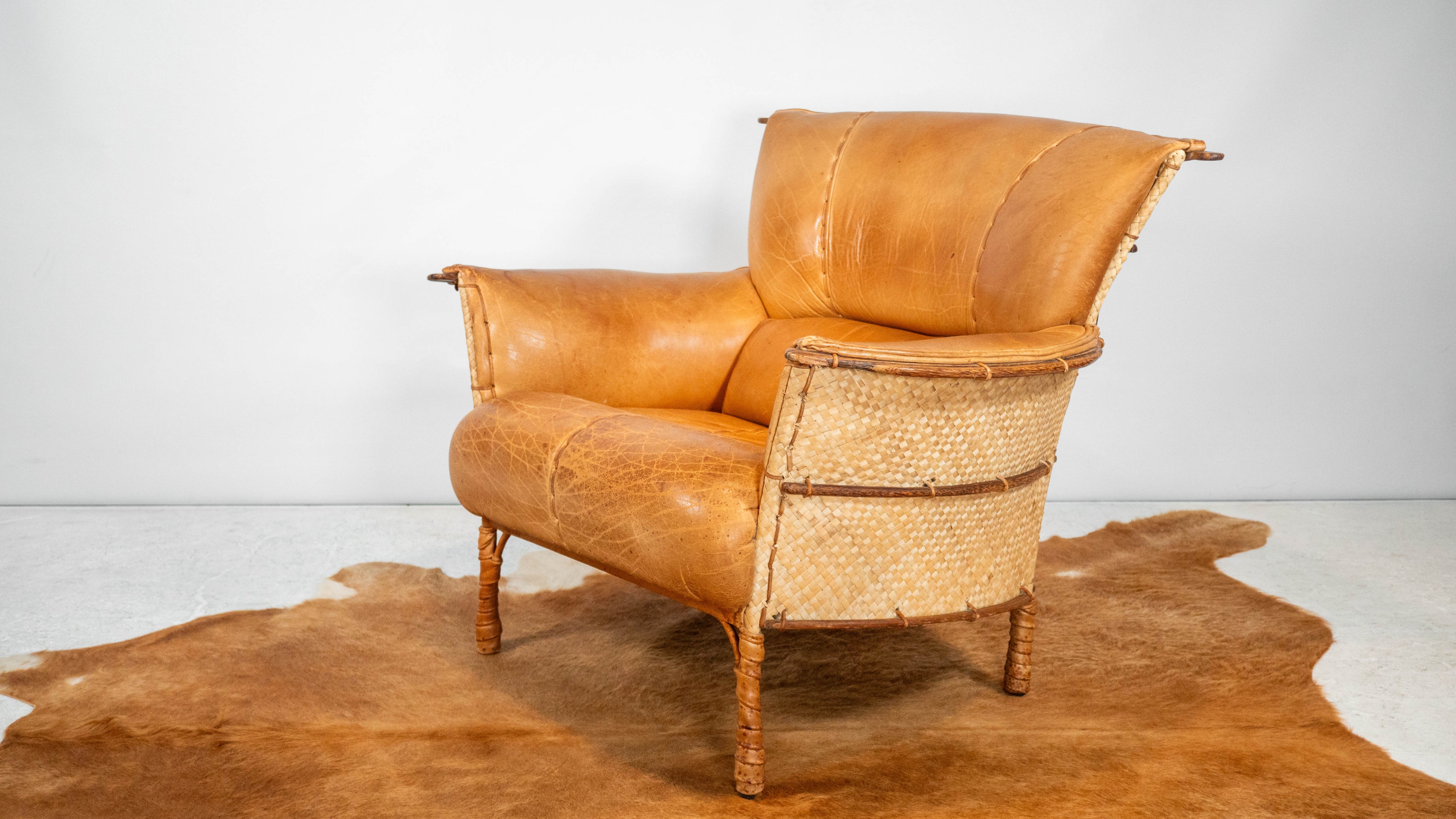 Rare Pacific Green 'Navajo' Cognac Leather & Rattan Lounge Chair