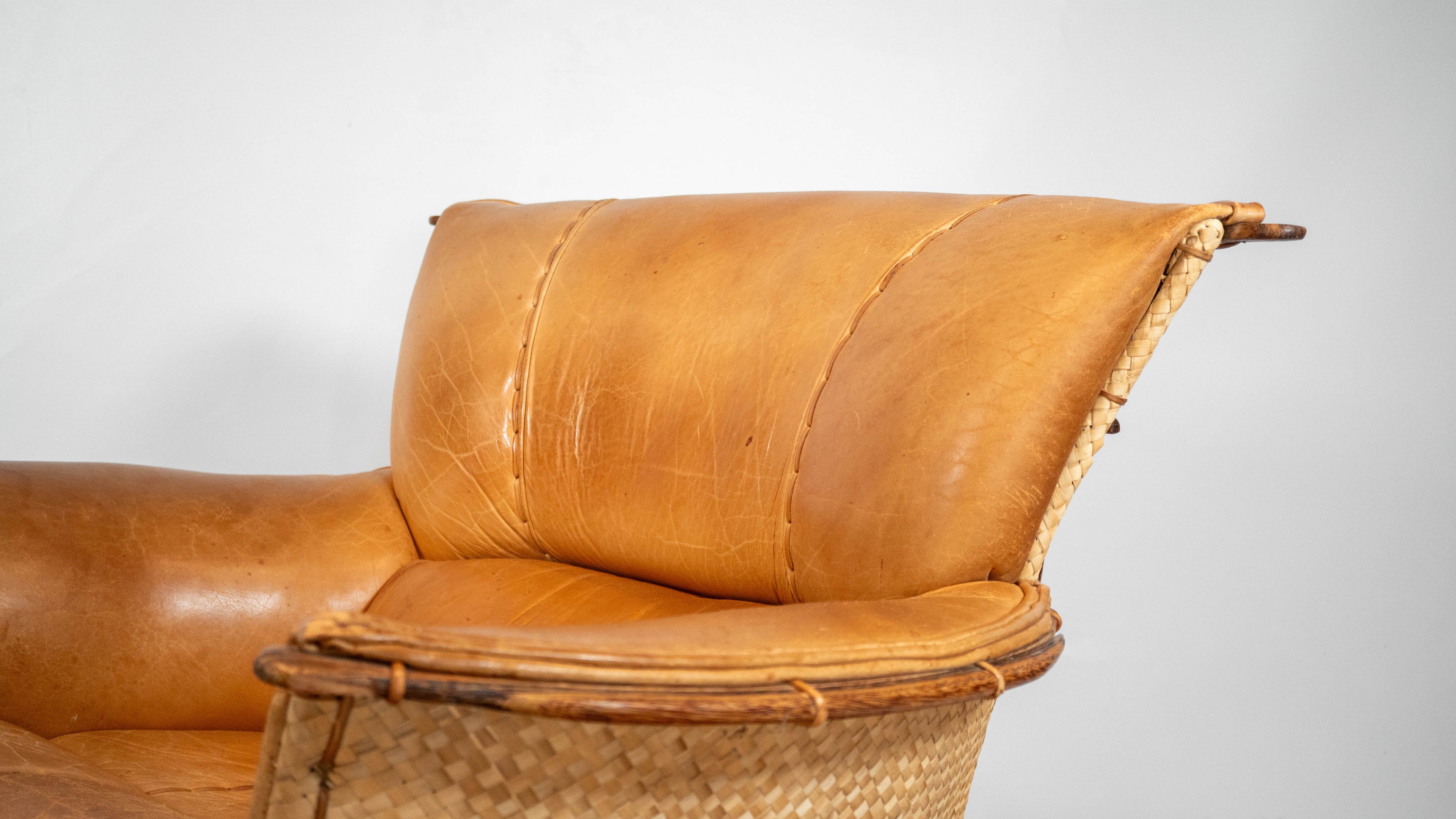 Rare Pacific Green 'Navajo' Cognac Leather & Rattan Lounge Chair