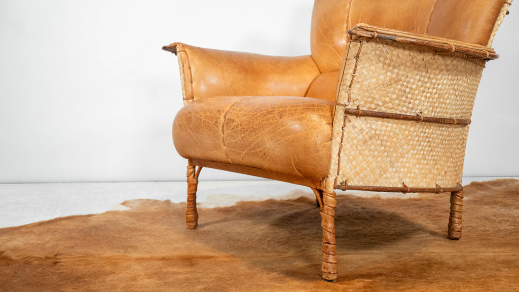 Rare Pacific Green 'Navajo' Cognac Leather & Rattan Lounge Chair