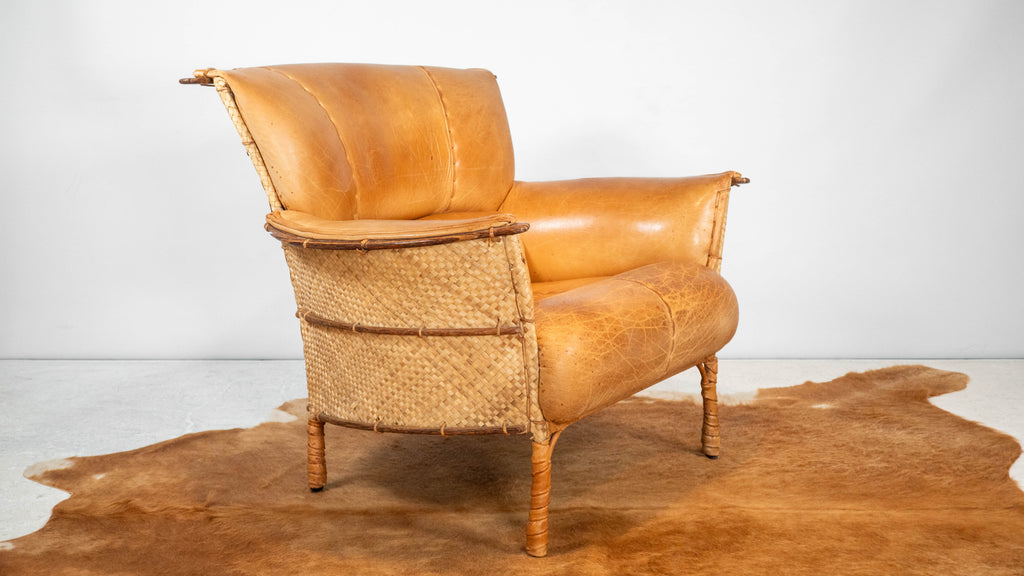 Rare Pacific Green 'Navajo' Cognac Leather & Rattan Lounge Chair