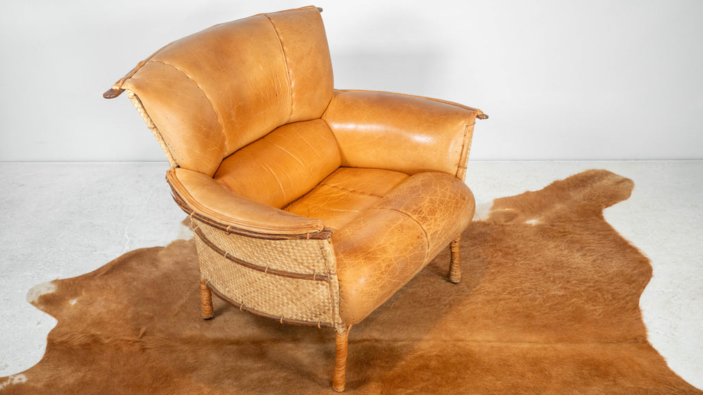 Rare Pacific Green 'Navajo' Cognac Leather & Rattan Lounge Chair