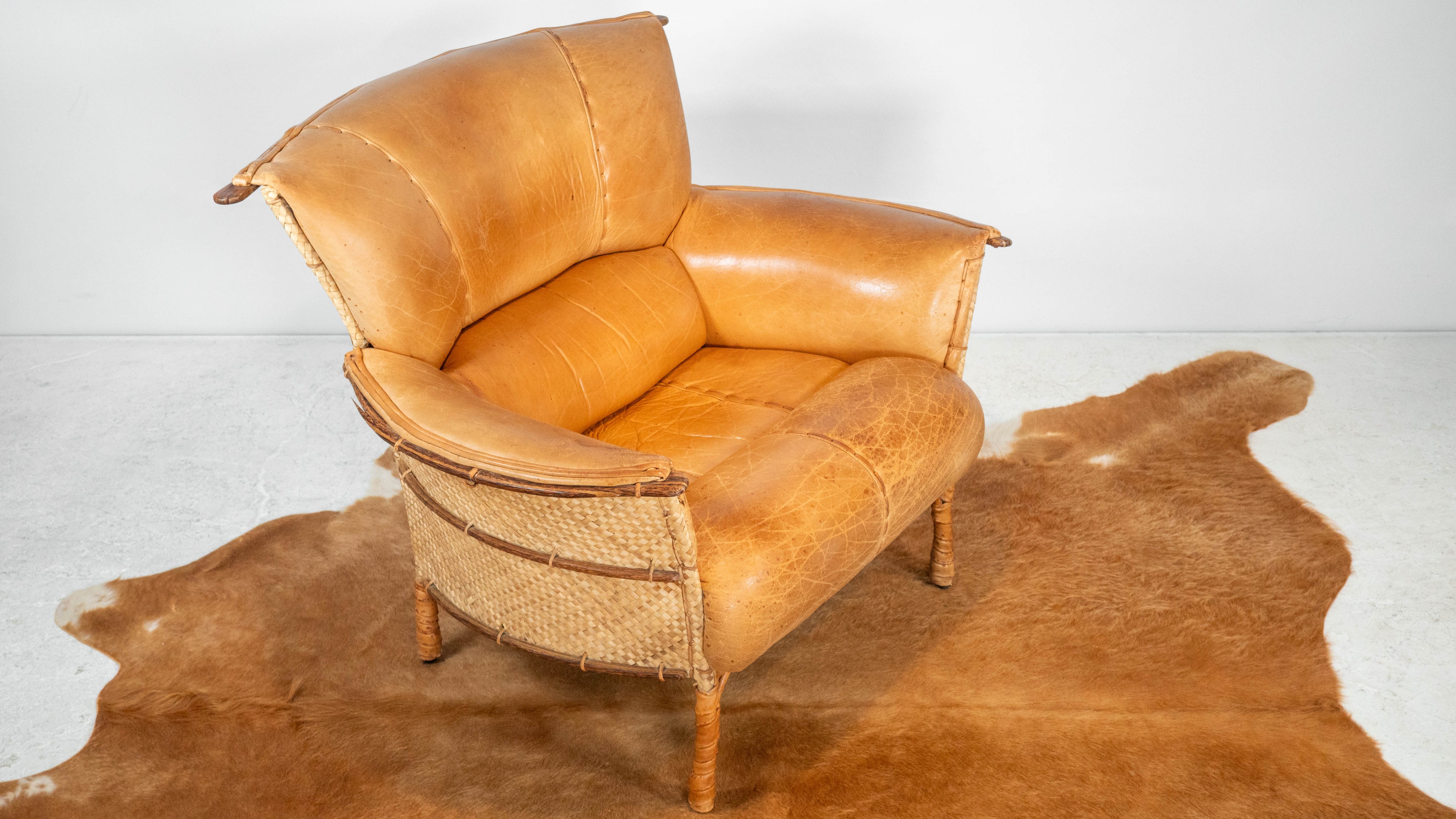 Rare Pacific Green 'Navajo' Cognac Leather & Rattan Lounge Chair