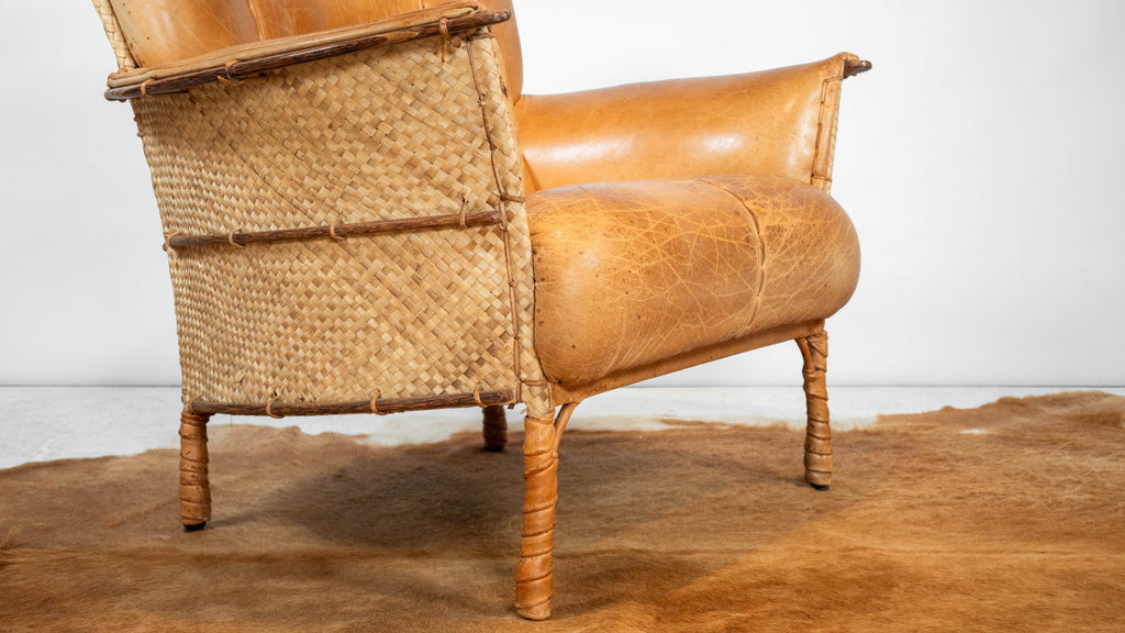 Rare Pacific Green 'Navajo' Cognac Leather & Rattan Lounge Chair