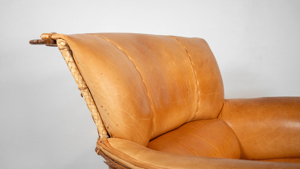Rare Pacific Green 'Navajo' Cognac Leather & Rattan Lounge Chair