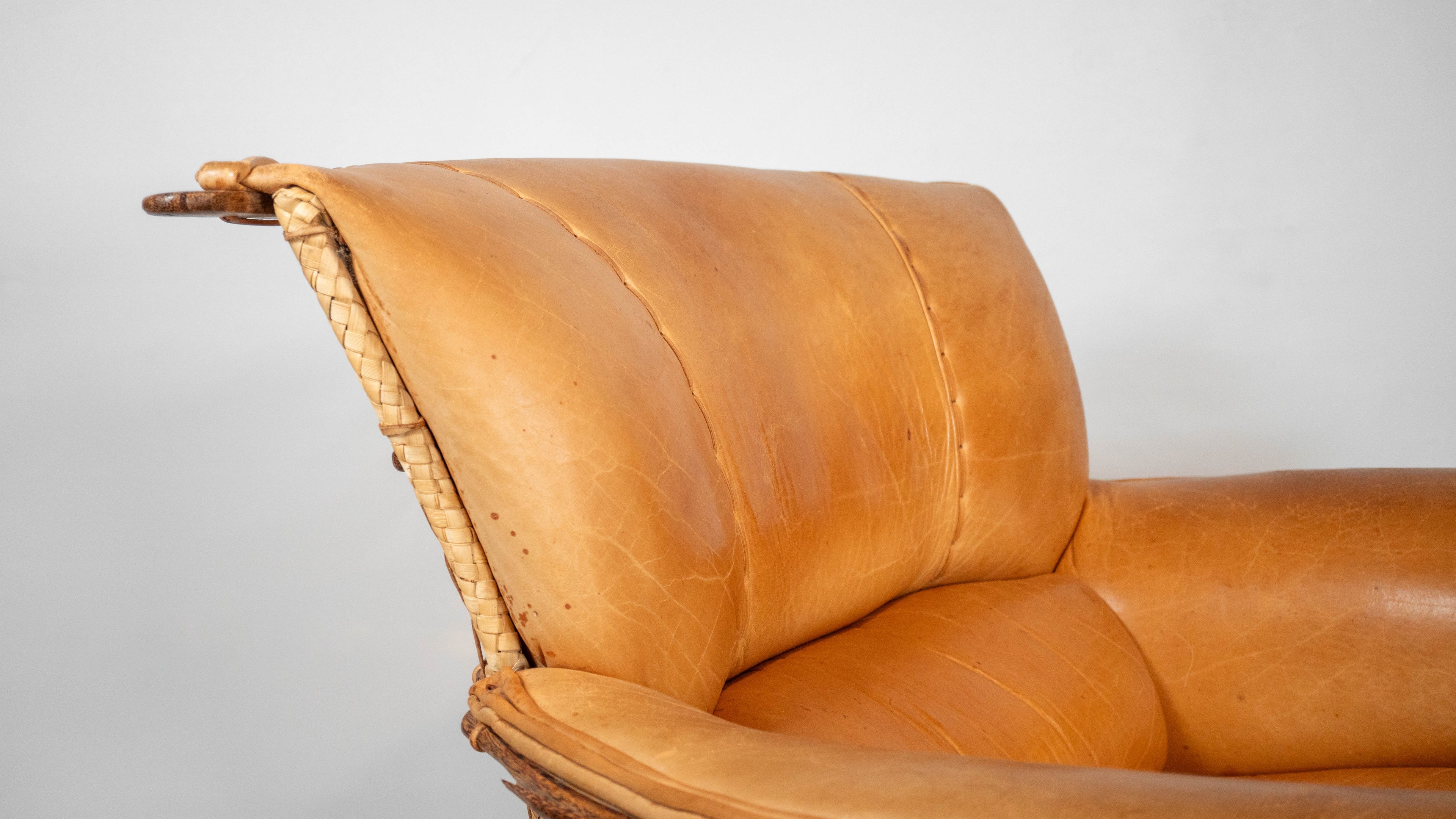 Rare Pacific Green 'Navajo' Cognac Leather & Rattan Lounge Chair