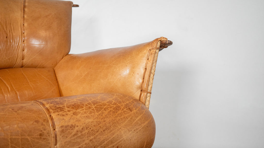 Rare Pacific Green 'Navajo' Cognac Leather & Rattan Lounge Chair
