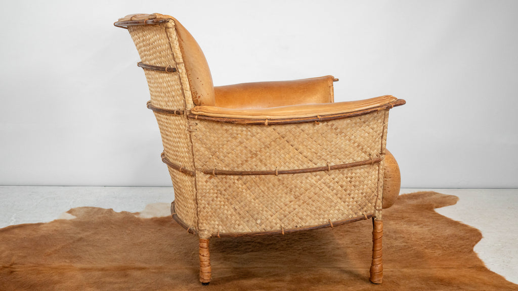 Rare Pacific Green 'Navajo' Cognac Leather & Rattan Lounge Chair