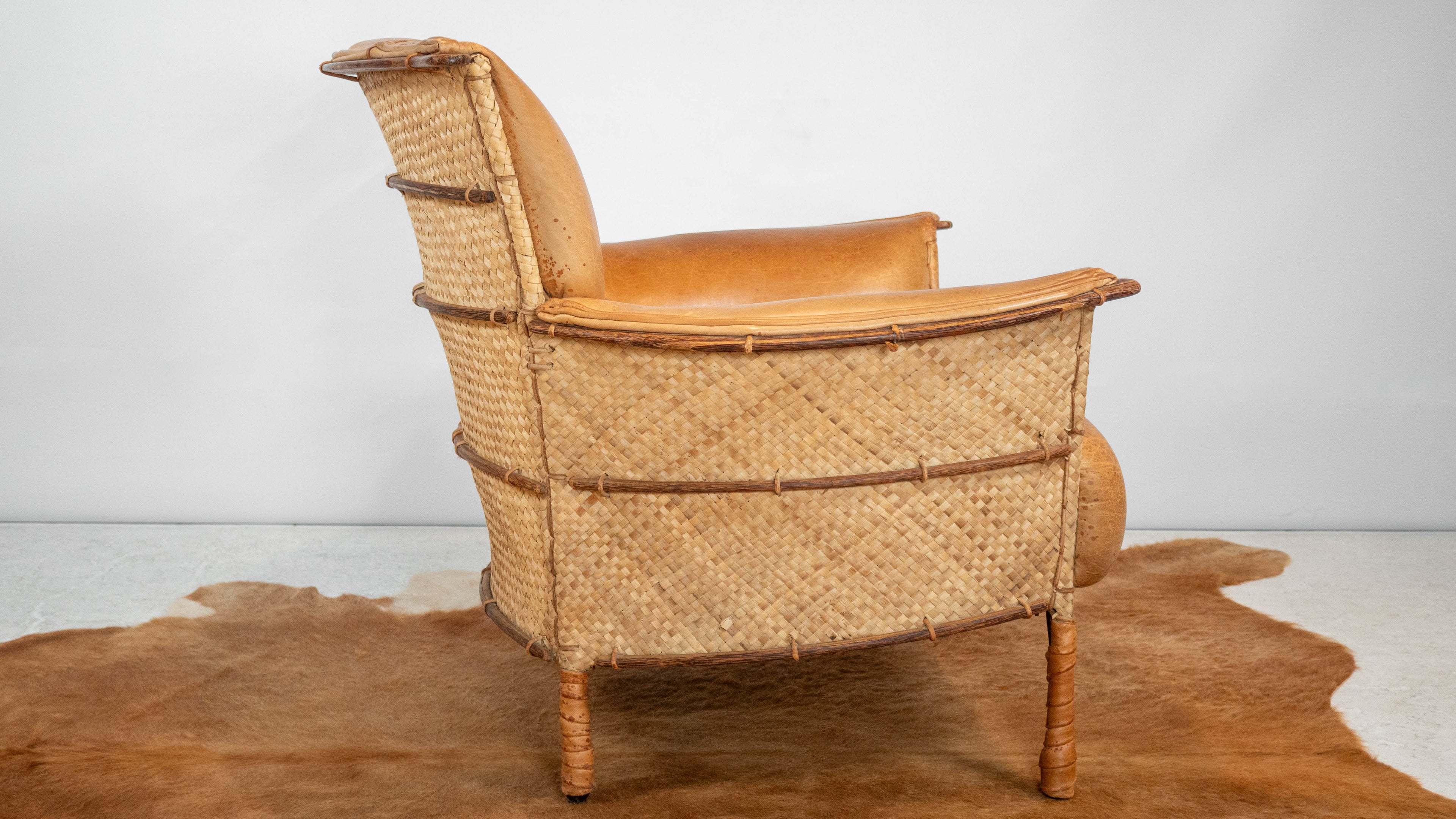 Rare Pacific Green 'Navajo' Cognac Leather & Rattan Lounge Chair