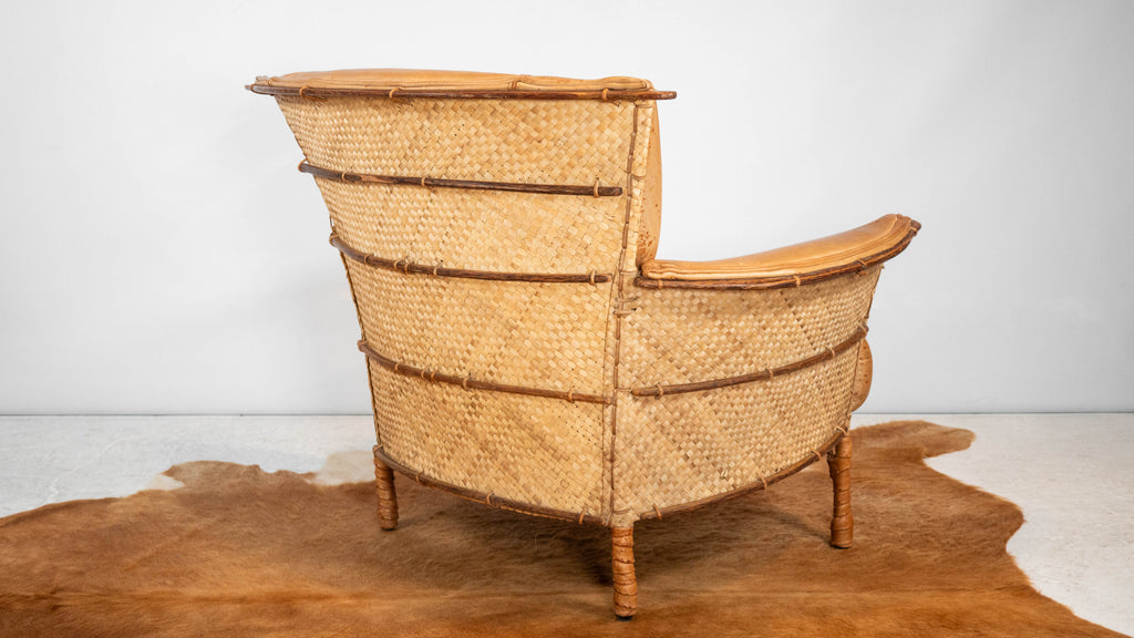 Rare Pacific Green 'Navajo' Cognac Leather & Rattan Lounge Chair
