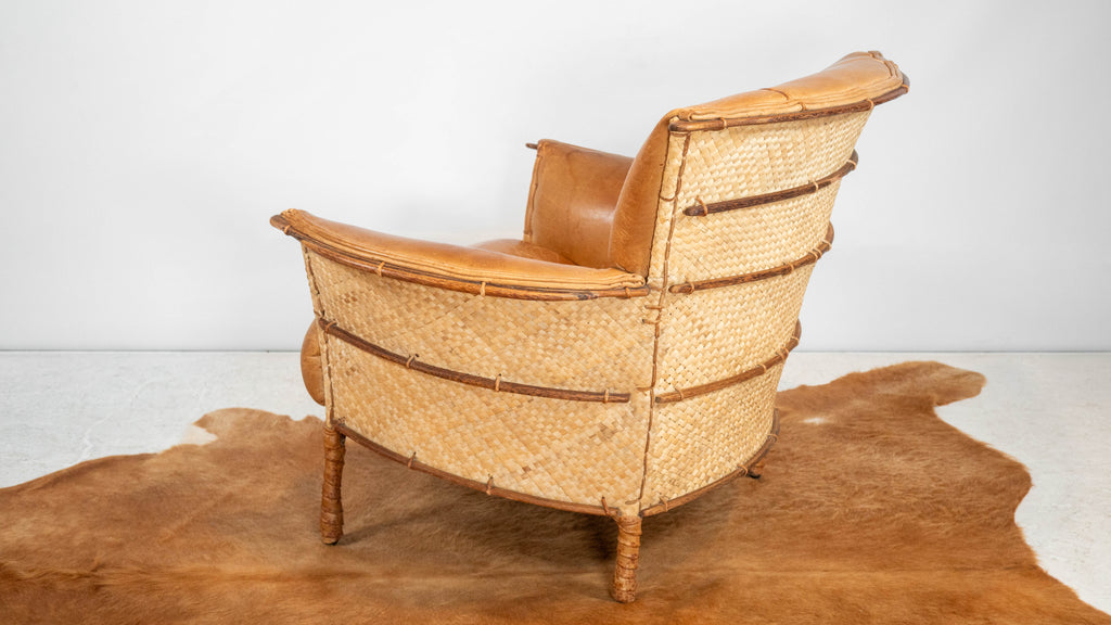 Rare Pacific Green 'Navajo' Cognac Leather & Rattan Lounge Chair