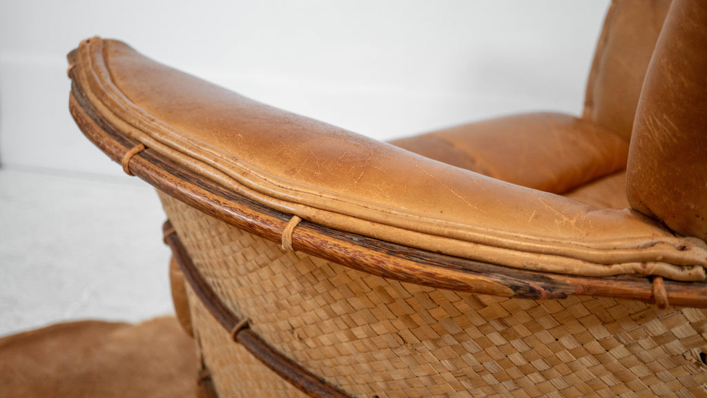 Rare Pacific Green 'Navajo' Cognac Leather & Rattan Lounge Chair