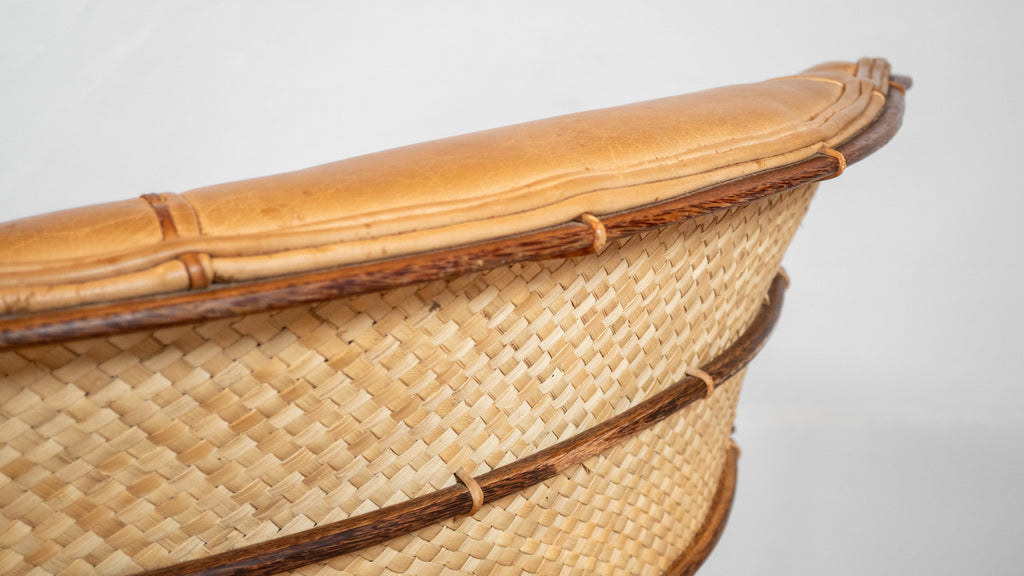 Rare Pacific Green 'Navajo' Cognac Leather & Rattan Lounge Chair