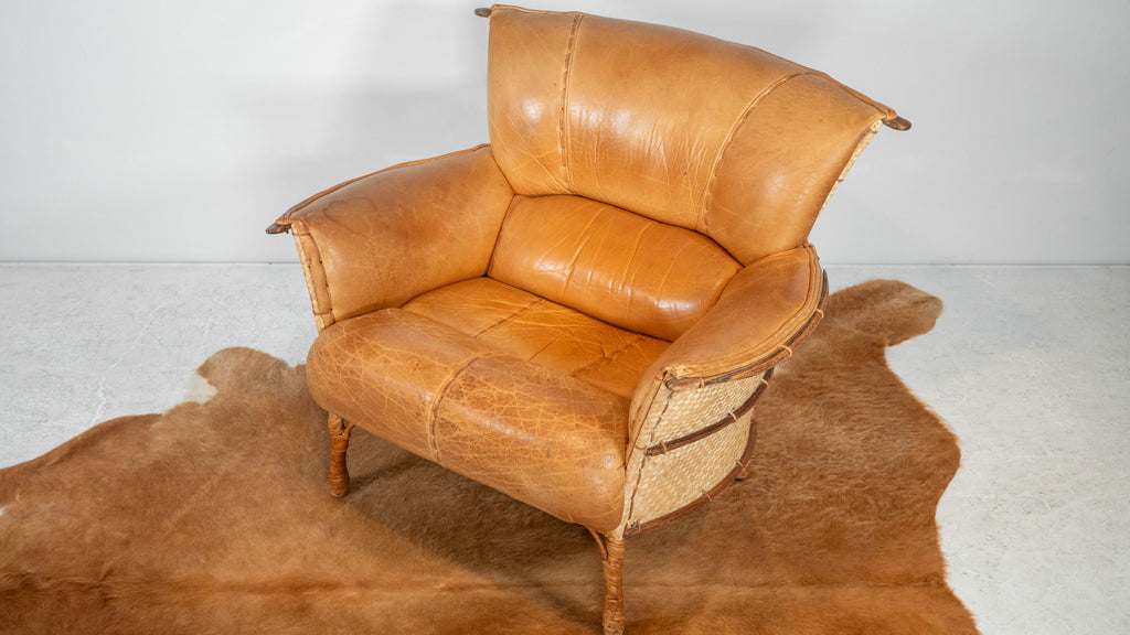 Rare Pacific Green 'Navajo' Cognac Leather & Rattan Lounge Chair