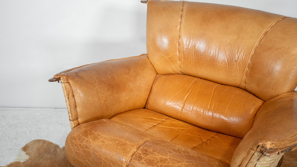 Rare Pacific Green 'Navajo' Cognac Leather & Rattan Lounge Chair