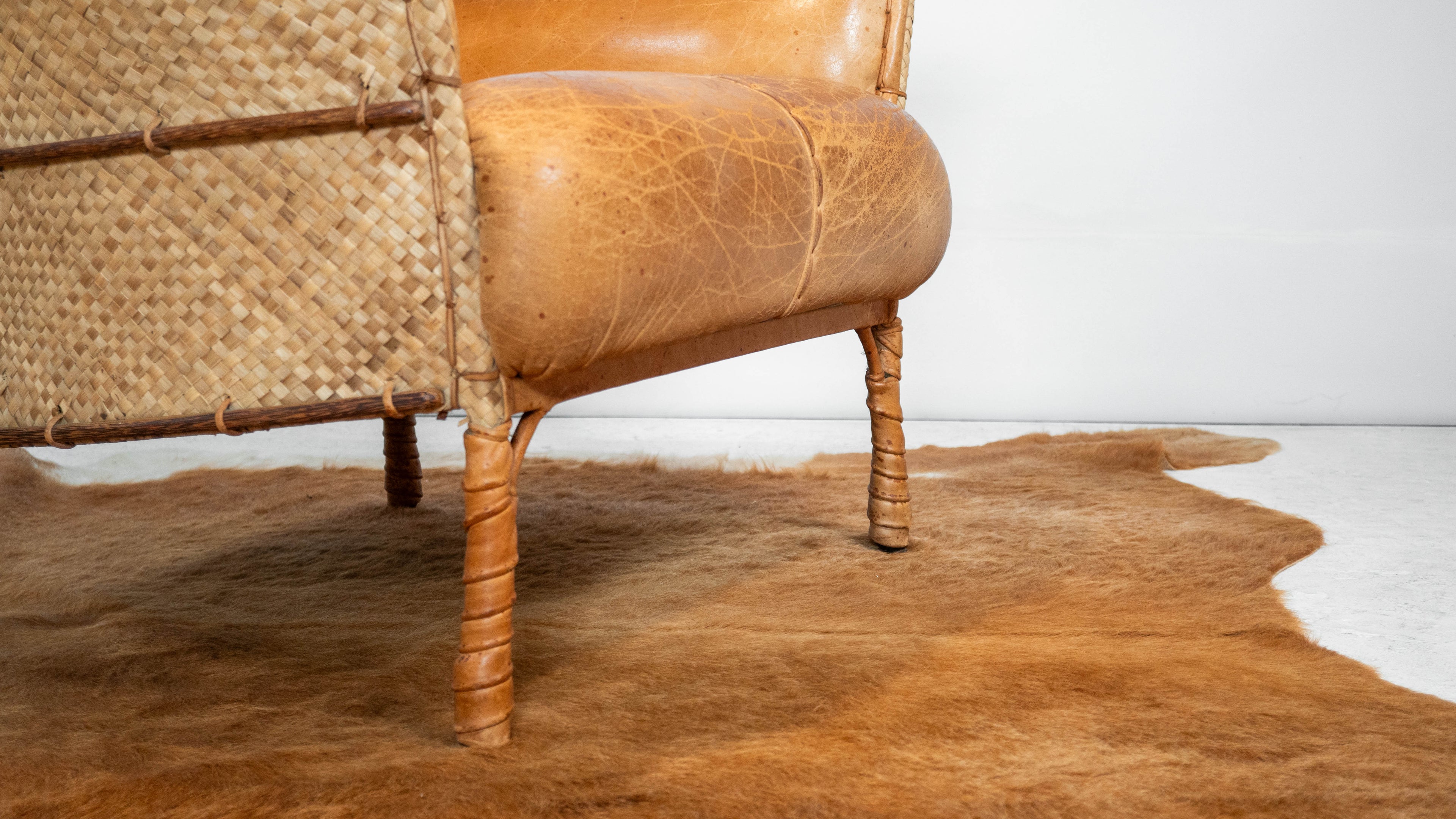 Rare Pacific Green 'Navajo' Cognac Leather & Rattan Lounge Chair