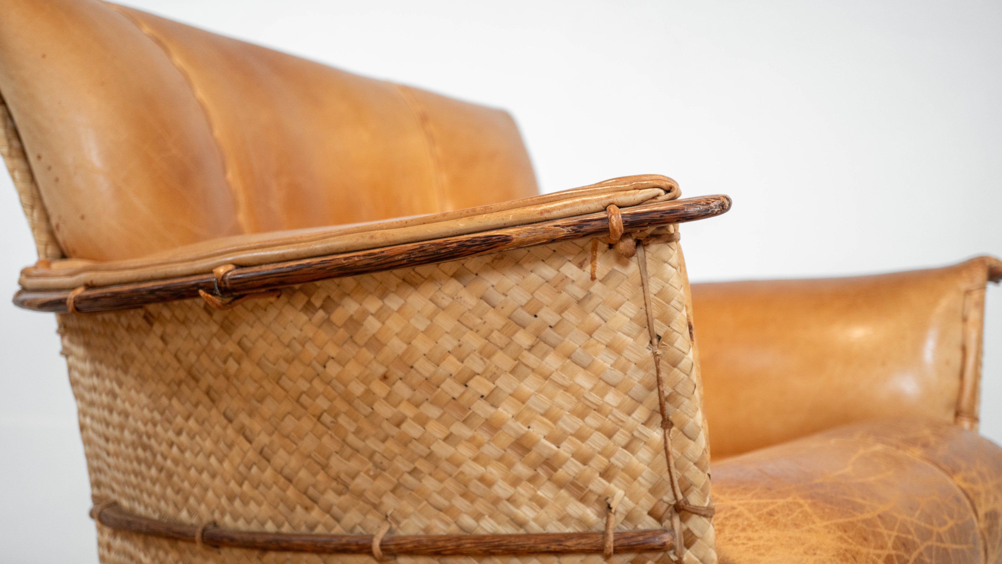 Rare Pacific Green 'Navajo' Cognac Leather & Rattan Lounge Chair