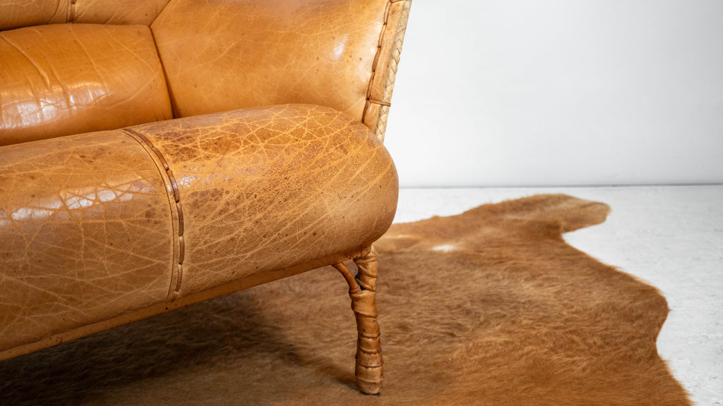 Rare Pacific Green 'Navajo' Cognac Leather & Rattan Lounge Chair