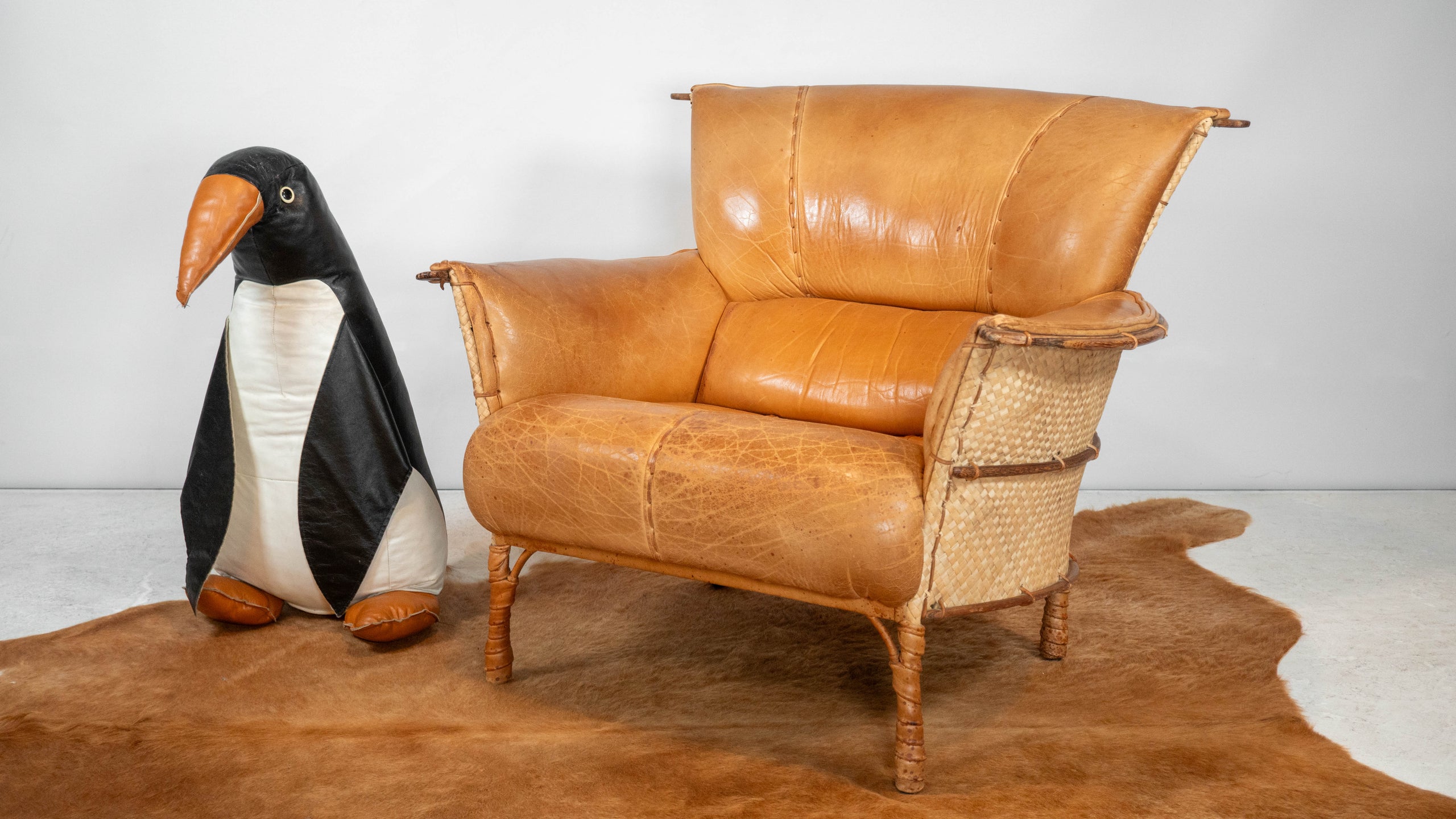 Rare Pacific Green 'Navajo' Cognac Leather & Rattan Lounge Chair