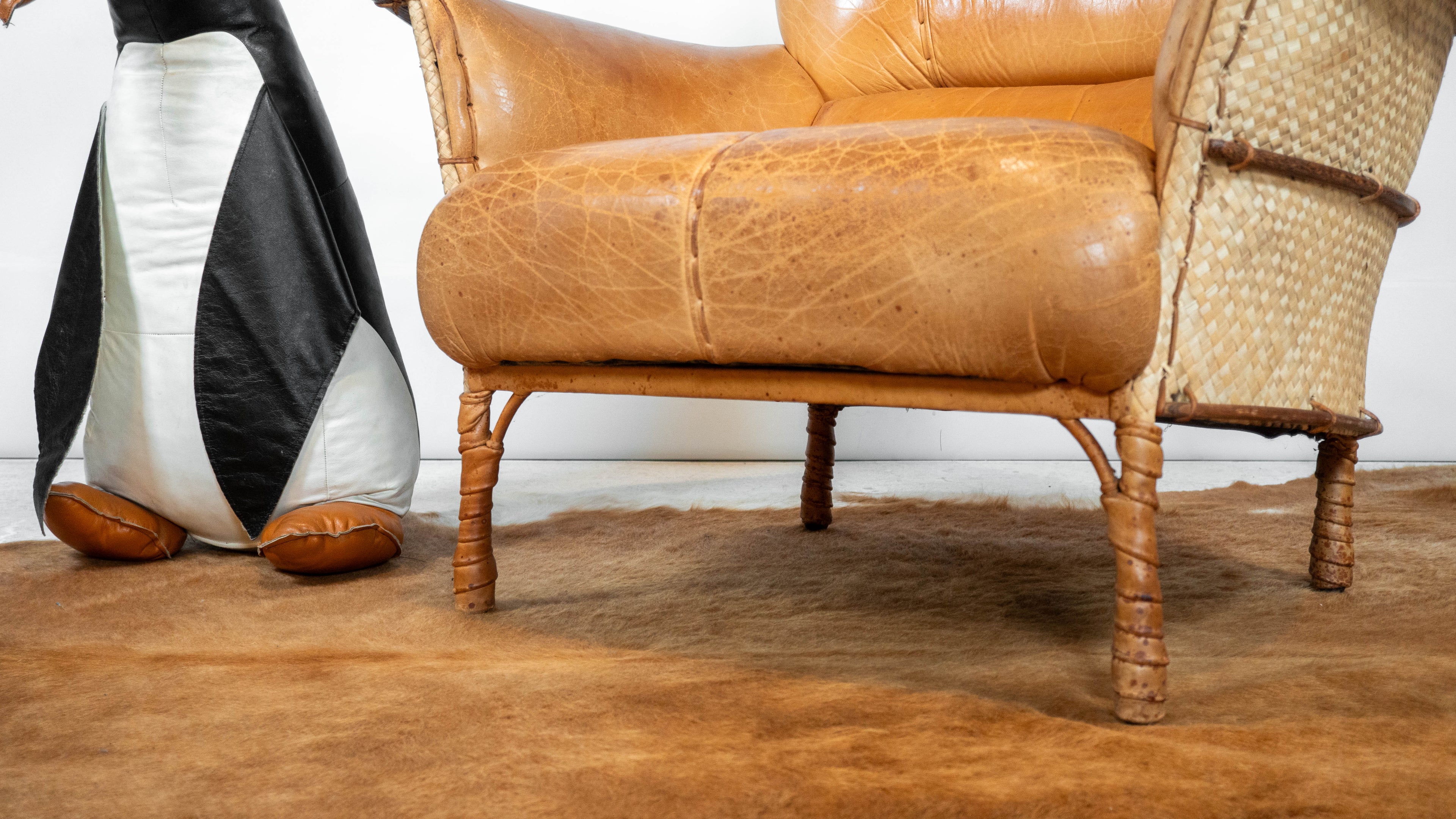 Rare Pacific Green 'Navajo' Cognac Leather & Rattan Lounge Chair