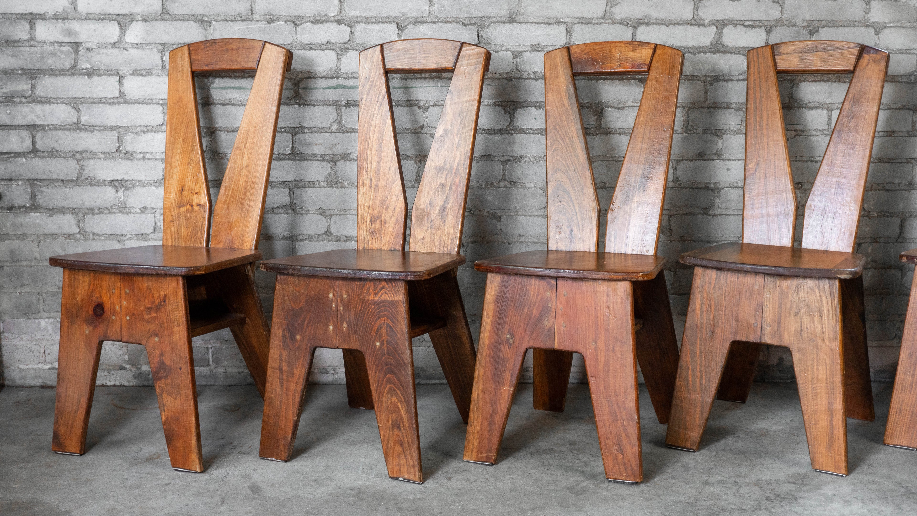 1970s French Modern Brutalist Dining Chairs After Pierre Chapo - Set of 8