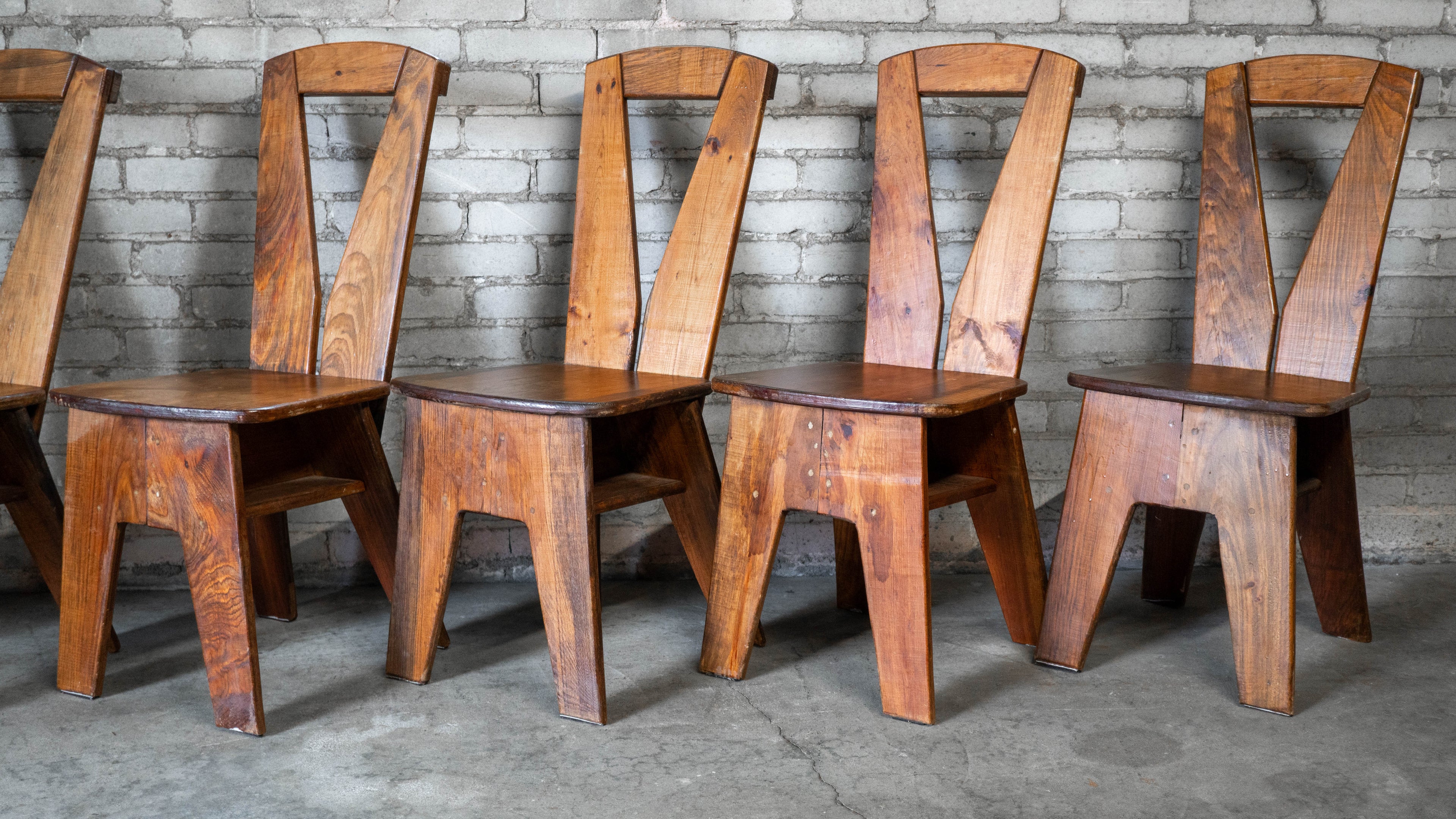 1970s French Modern Brutalist Dining Chairs After Pierre Chapo - Set of 8
