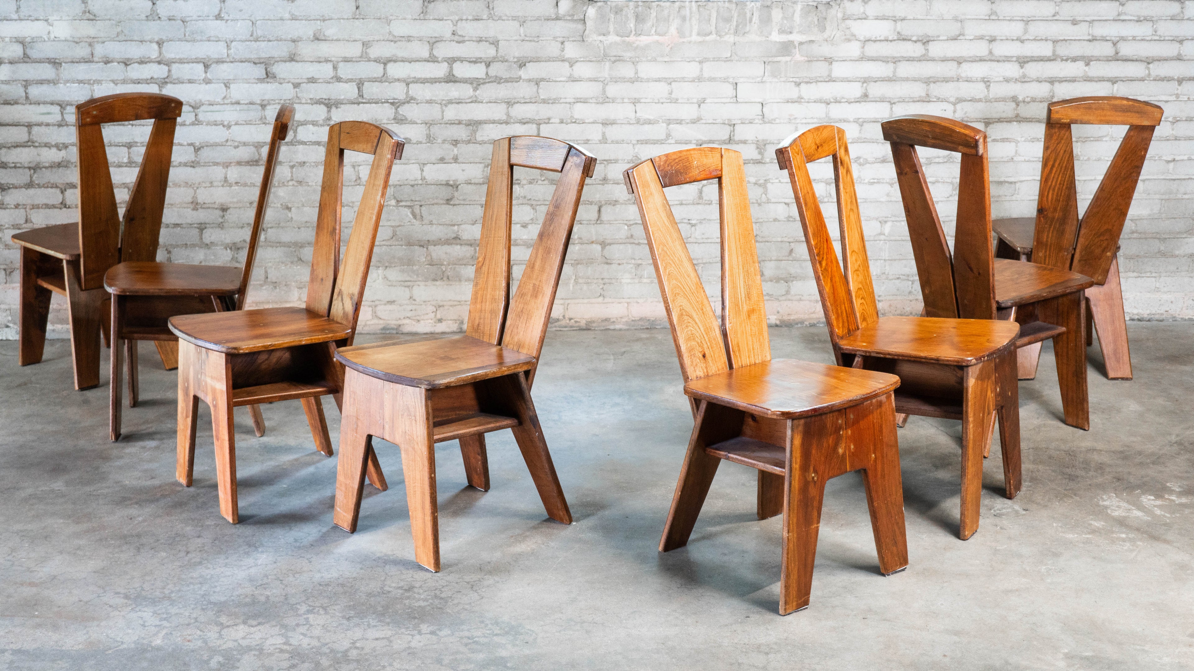 1970s French Modern Brutalist Dining Chairs After Pierre Chapo - Set of 8