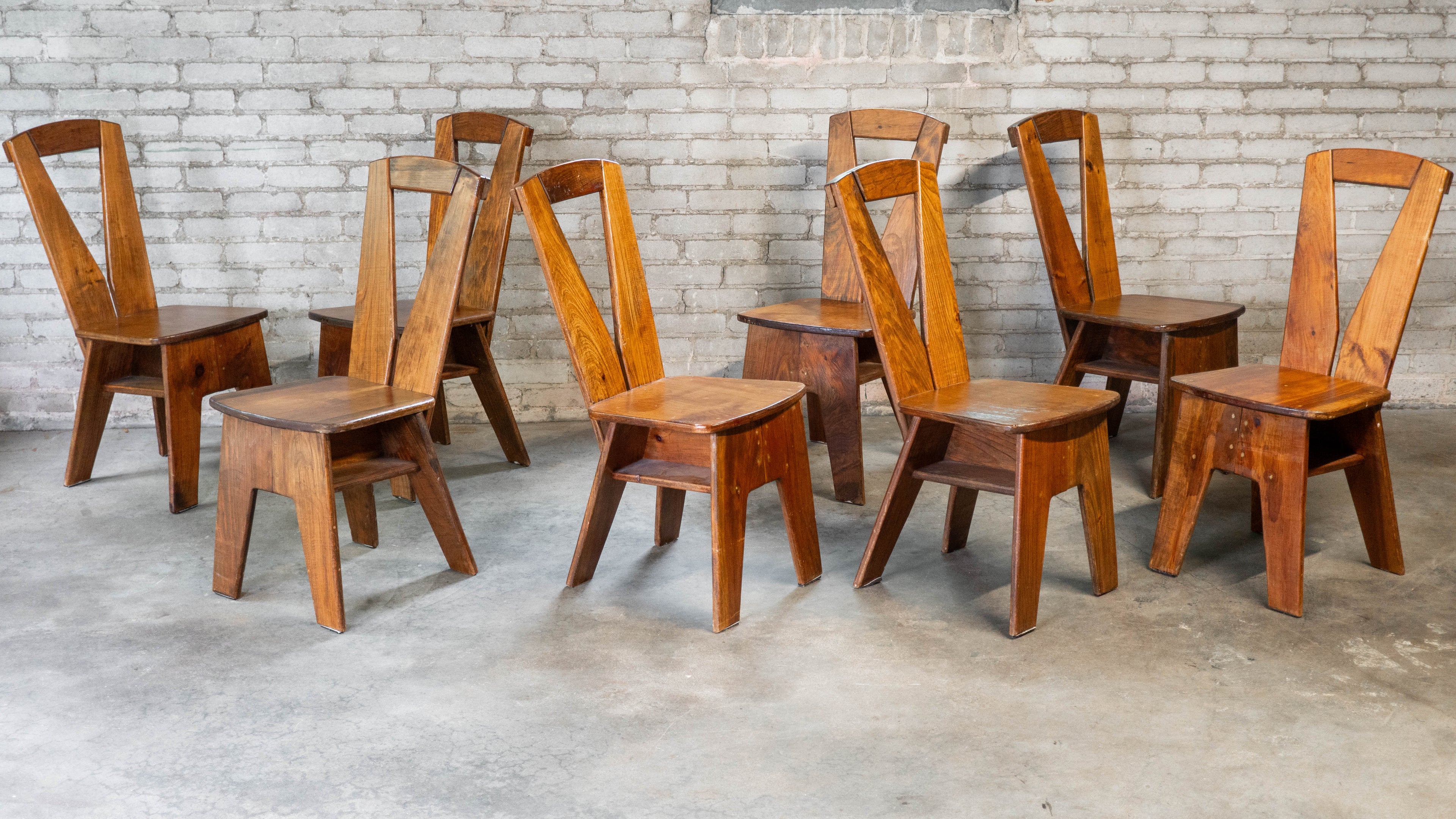 1970s French Modern Brutalist Dining Chairs After Pierre Chapo - Set of 8