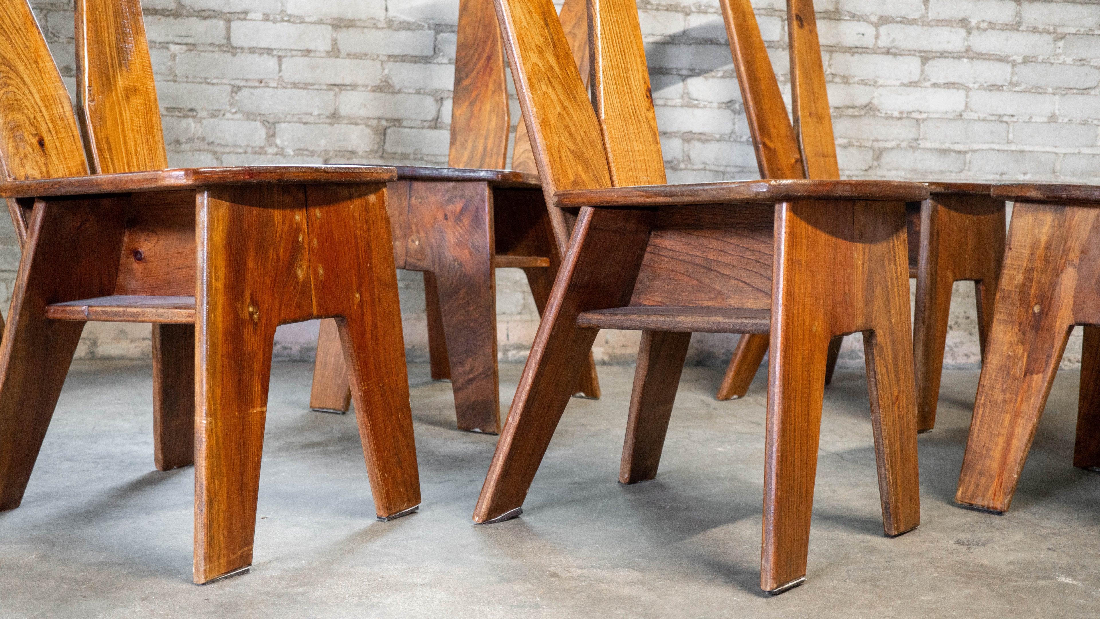 1970s French Modern Brutalist Dining Chairs After Pierre Chapo - Set of 8