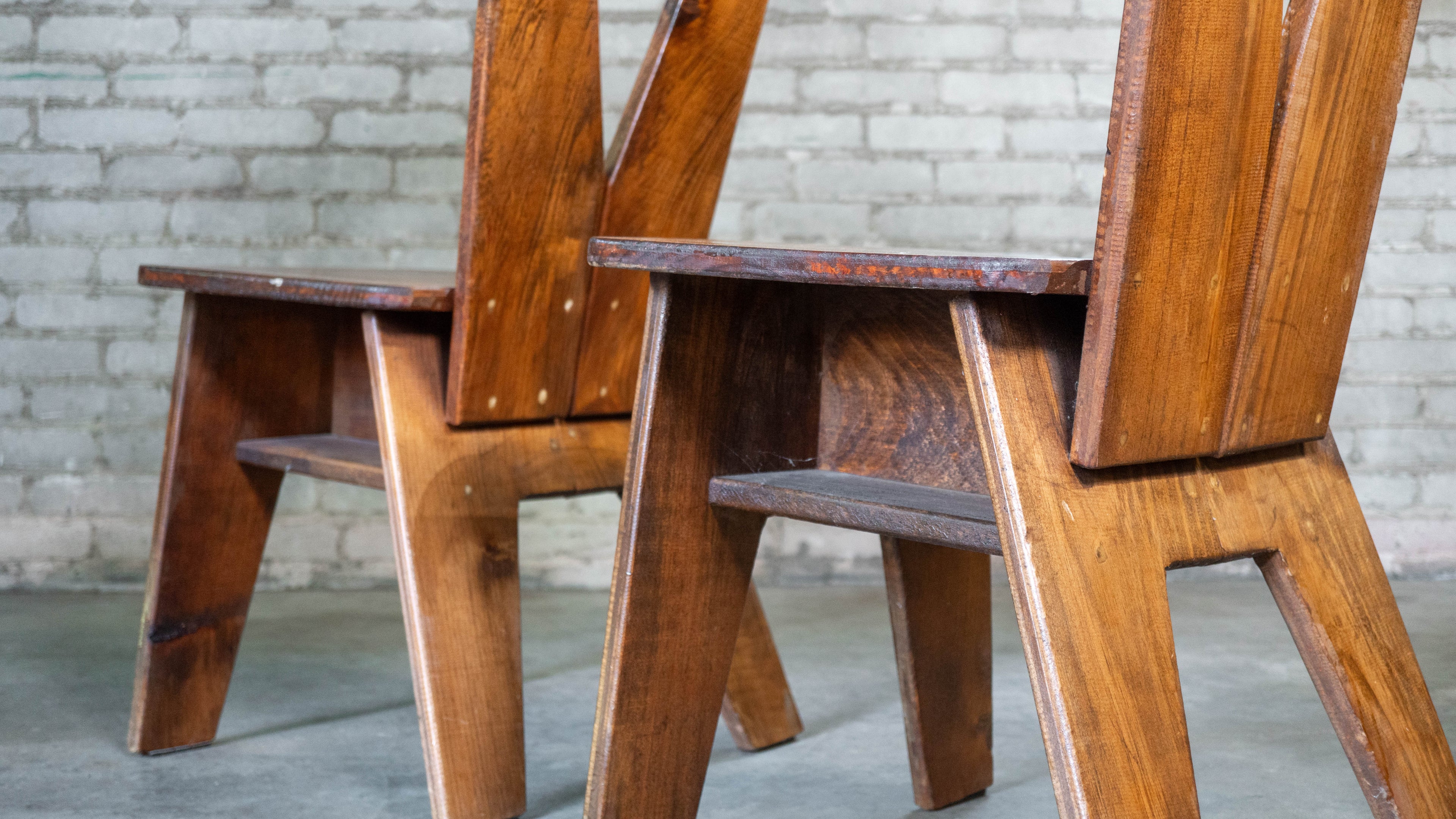 1970s French Modern Brutalist Dining Chairs After Pierre Chapo